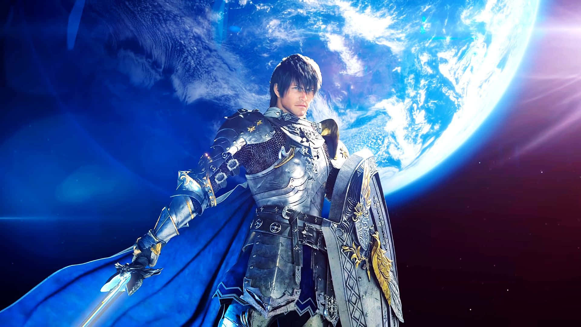 1080p Final Fantasy Xv 桌布 壁紙 — 一位身穿精細銀色盔甲和藍色斗篷的騎士，以從太空看到的地球為背景，英勇地站立著。