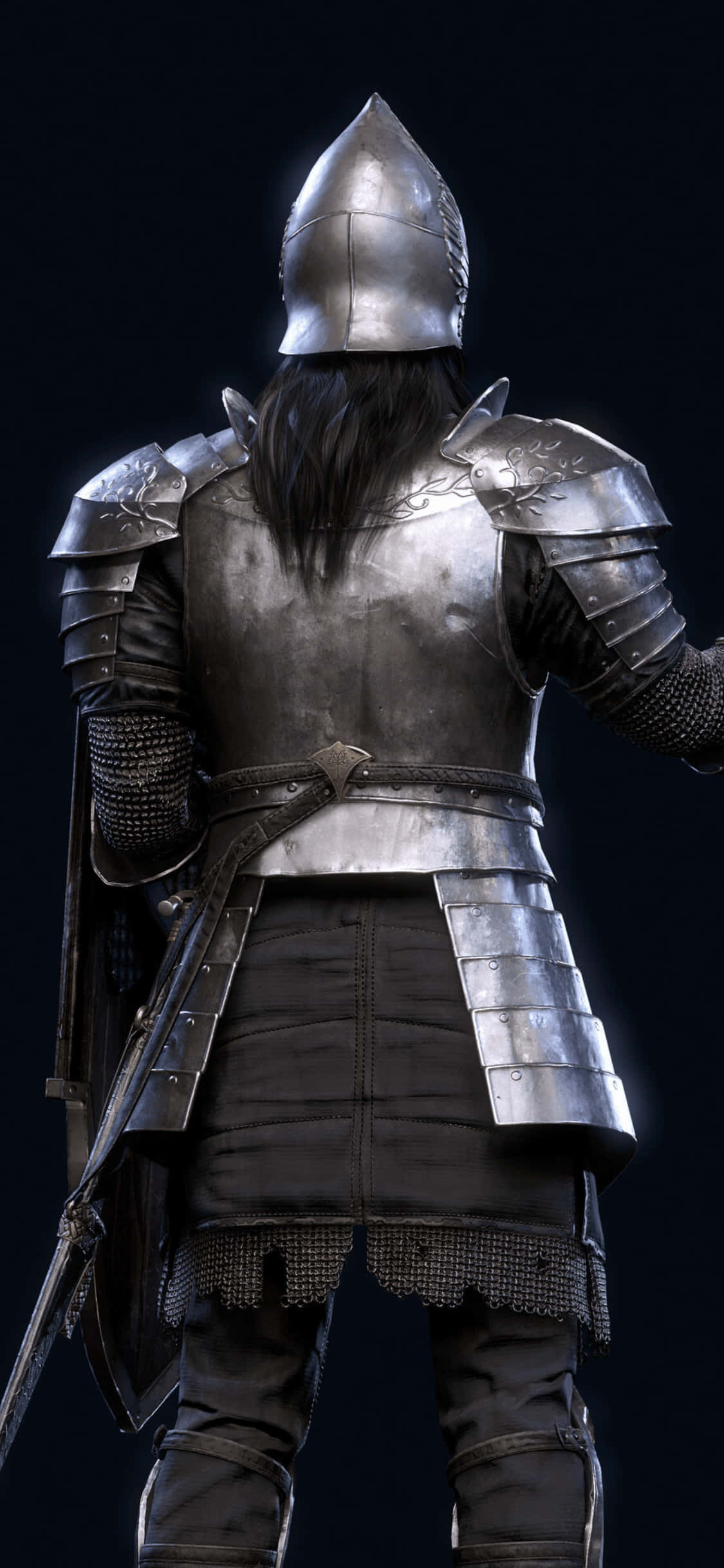 iPhone Xs Mordhau 桌布 壁紙 — 一位身穿精細銀色盔甲的騎士背對觀眾，站在黑暗背景前。