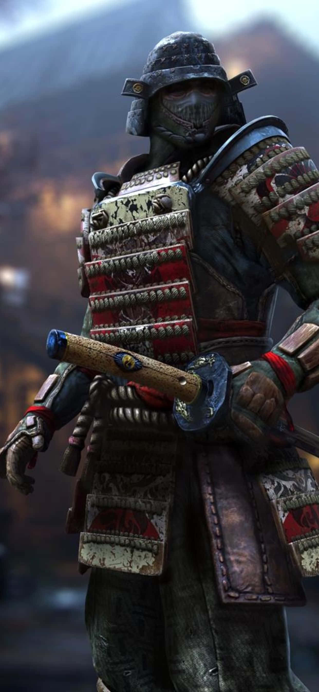 iPhone Xs Max For Honor 桌布 壁紙 — 一位身穿精細風化鎧甲的武士，手持武士刀，背景是模糊的山脈。