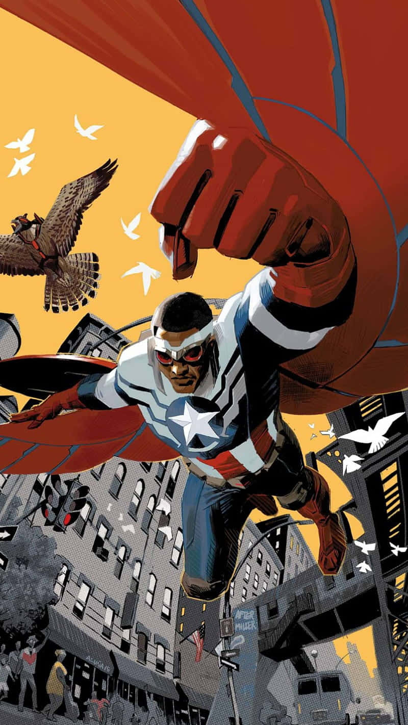 Marvel Falcon Logo 桌布 壁紙 — 一位身穿紅、白、藍色服裝、帶有星星標誌的超級英雄在城市景觀上空翱翔，一隻鷹和白色鴿子在他周圍飛翔。