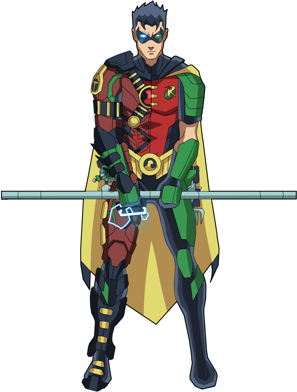 robin 桌布 壁紙 — 一位身穿紅、綠、黃色盔甲的超級英雄自信地站立，手持發光法杖，背景為黑色。