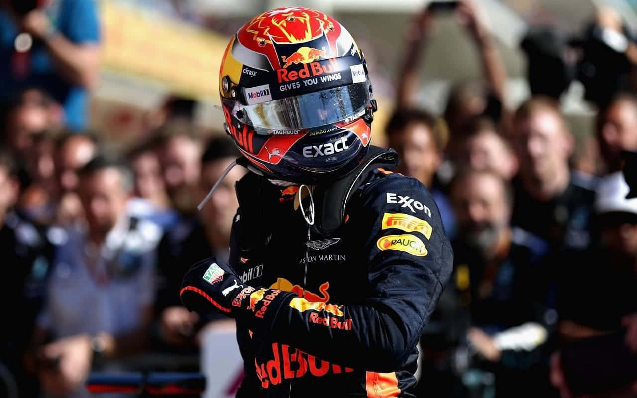 Max Verstappen 桌布 壁紙 — 一位身穿紅牛賽車服和頭盔的F1車手，在歡呼的人群前交叉雙臂慶祝。