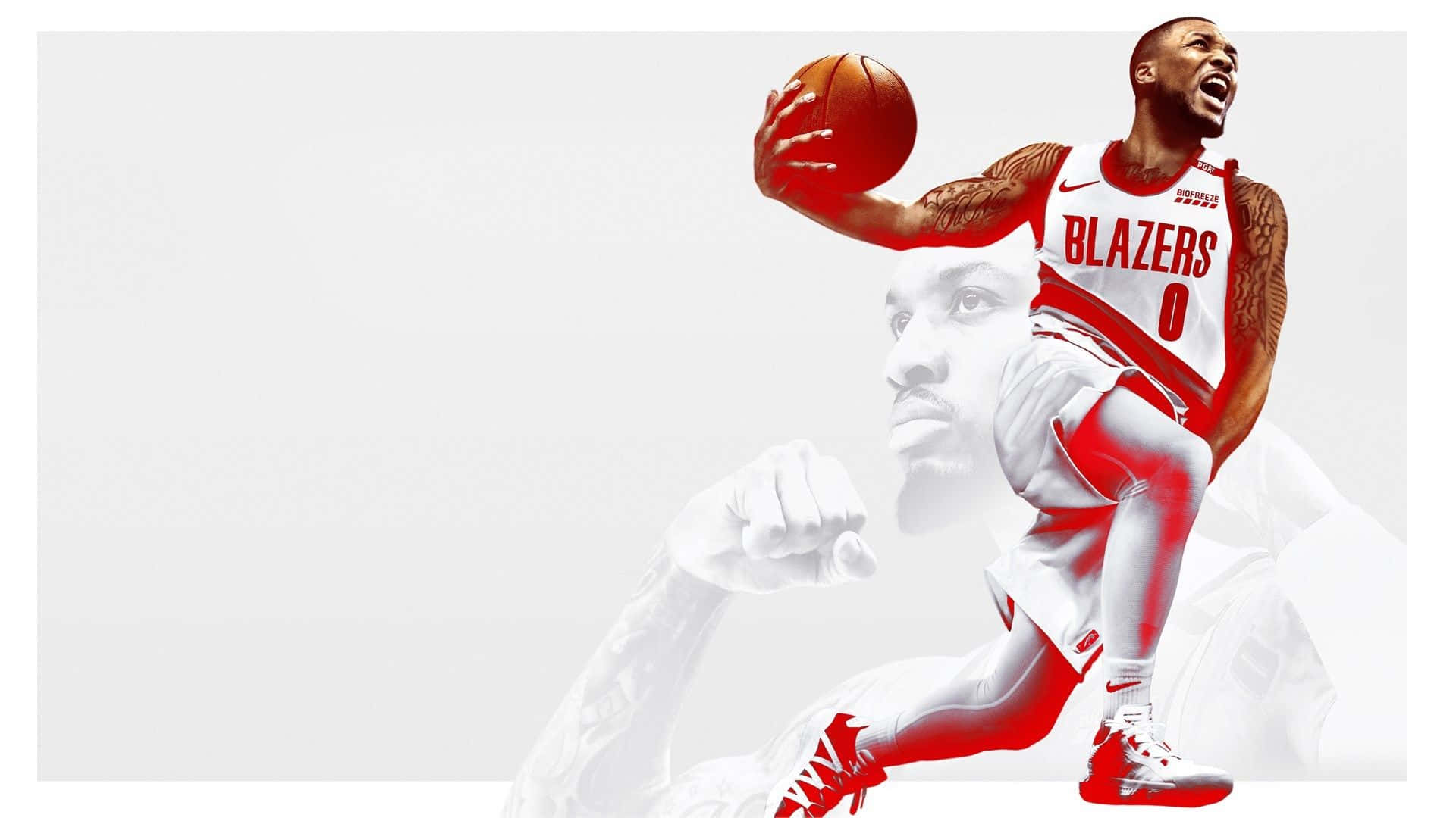 NBA 2k21 桌布 壁紙 — 一位身穿紅白 Blazers 球衣的動感籃球運動員，在幽靈般的單色背景下激烈運球。