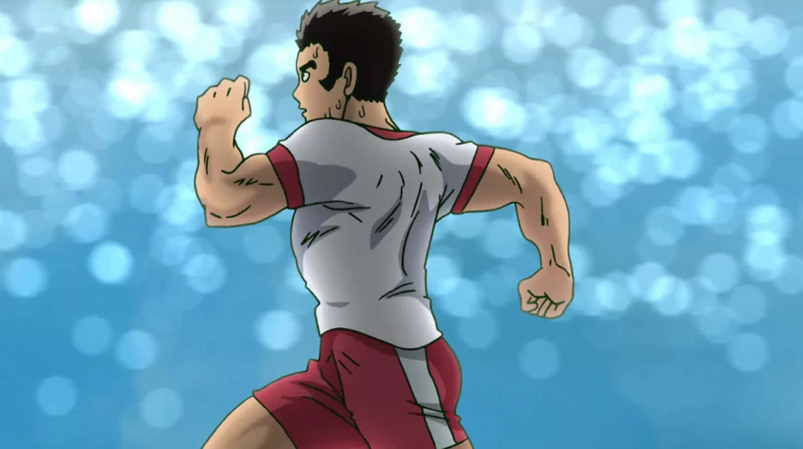 Musashi Goda 桌布 壁紙 — 一位身穿紅白制服、意志堅定的動漫運動員，在充滿活力的藍色散景背景前全力衝刺。