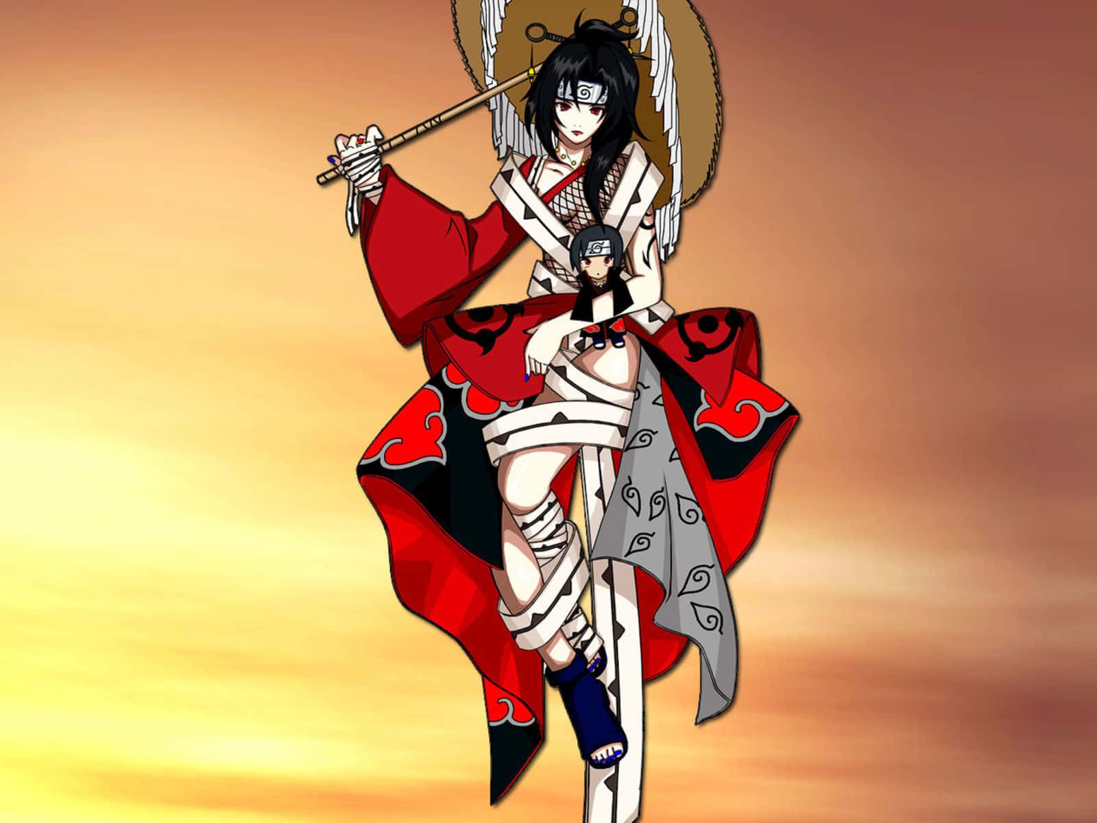 Kurenai Yuhi 桌布 壁紙 — 一位身穿紅白忍者服、帶翅膀的動漫女孩，在溫暖的日落天空下握著劍。