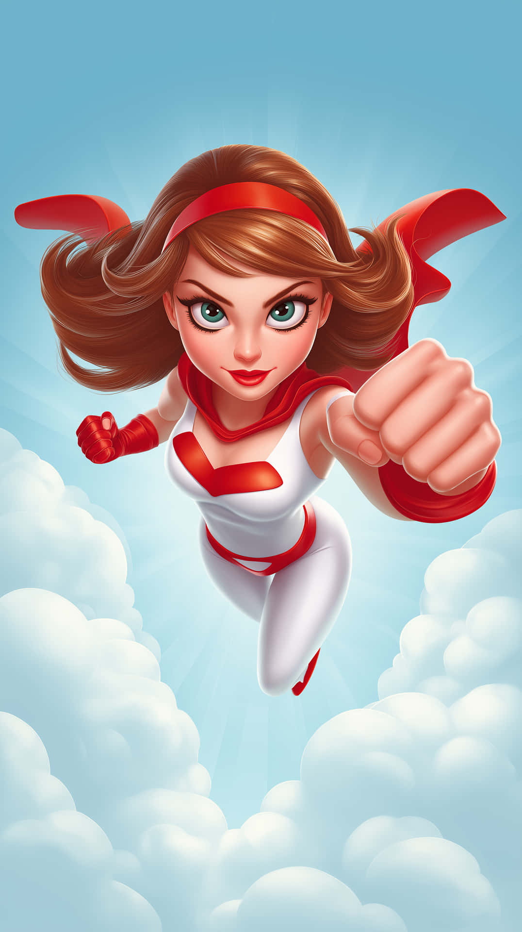 Dynamic Female Figure Soaring Through a Cloudy Sky 壁紙 — 一位身穿紅白服裝的卡通女超級英雄，帶著堅定的表情和緊握的拳頭飛過雲層。