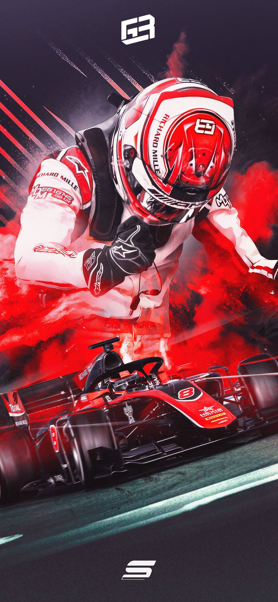 george russell 桌布 壁紙 — 一位身穿紅白裝備的F1車手在賽道上傾身入彎，身後留下火紅色的煙霧。