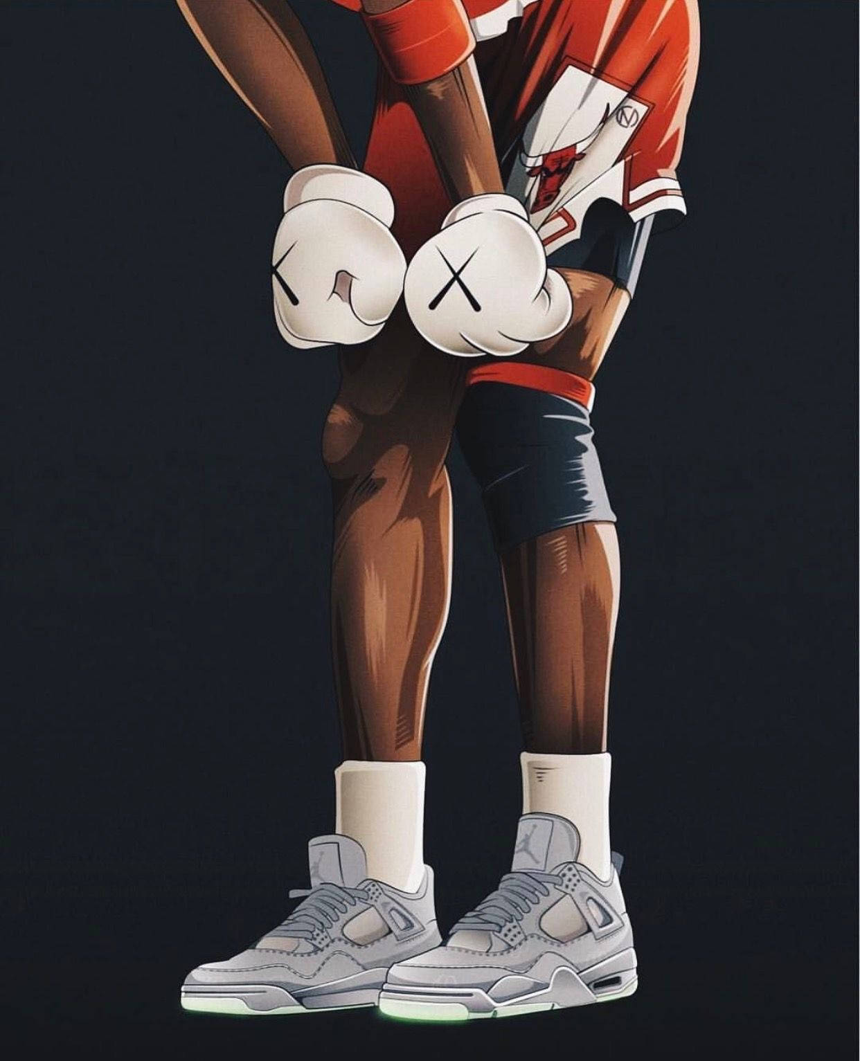 kaws pc 桌布 壁紙 — 一位身穿紅白裝備的風格化拳擊手，戴著手套的拳頭蓄勢待發，穿著發光的灰色運動鞋，站在深色背景前。
