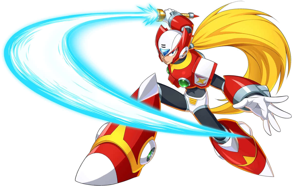 Megaman 桌布 壁紙 — 一位身穿紅白裝甲、紮著黃色馬尾的動漫英雄在半空中懸浮，發射藍色能量衝擊波。