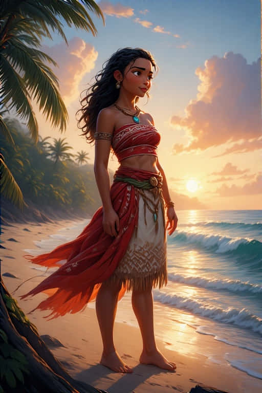 Realistic Island Explorer Moana 4K 壁紙 — 一位身穿紅白部落服飾的年輕女子赤腳站在日落時分的沙灘上，身後有棕櫚樹和海浪。