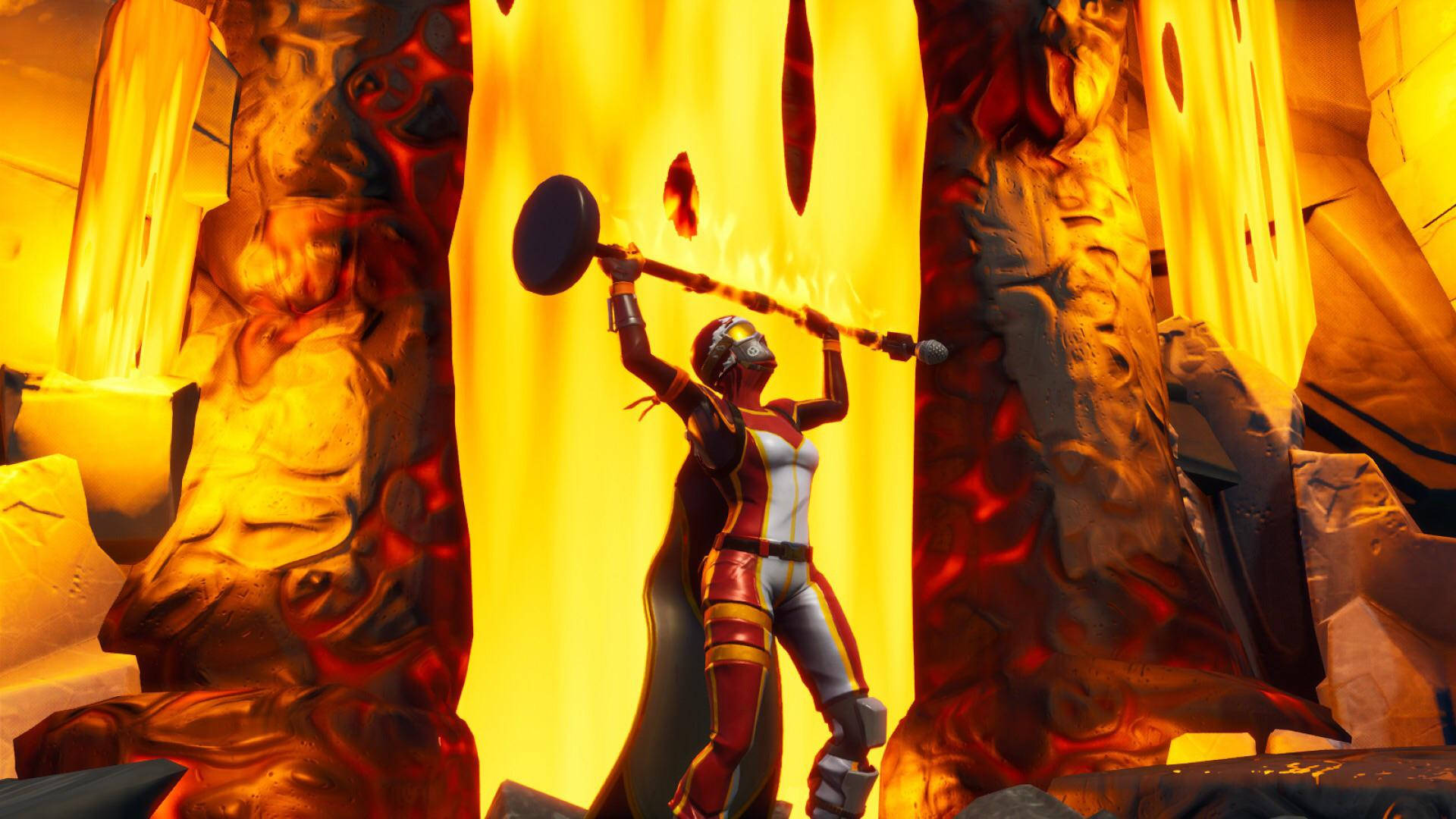 Fortnite 造型 桌布 壁紙 — 一位身穿紅白鎧甲的女戰士，在熾熱地牢中發光的橙色柱子之間揮舞著火焰錘。