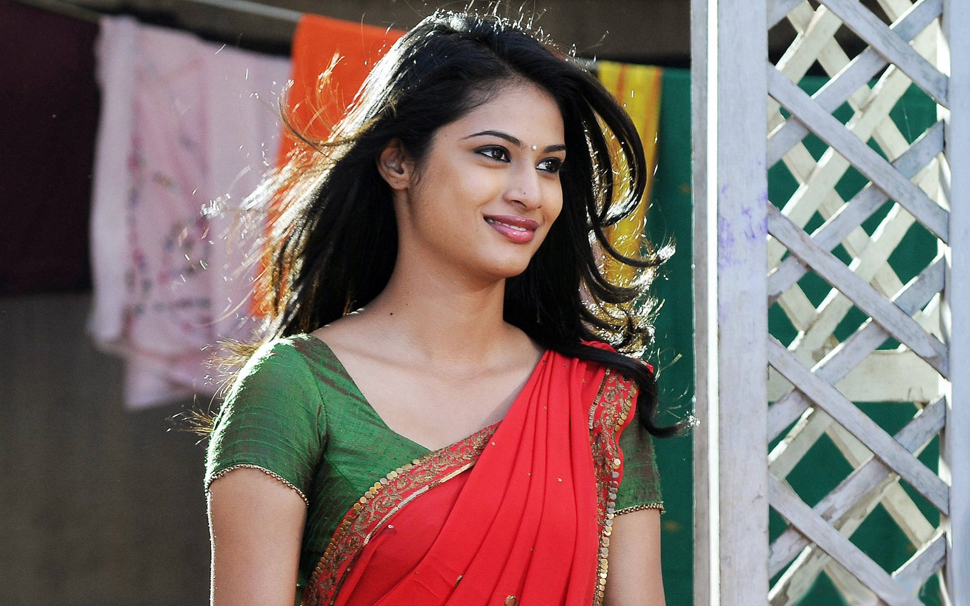 telugu 桌布 壁紙 — 一位身穿紅綠紗麗的光彩照人的女士，在格子籬笆附近，陽光捕捉到她飄逸的深色頭髮，她溫柔地微笑。