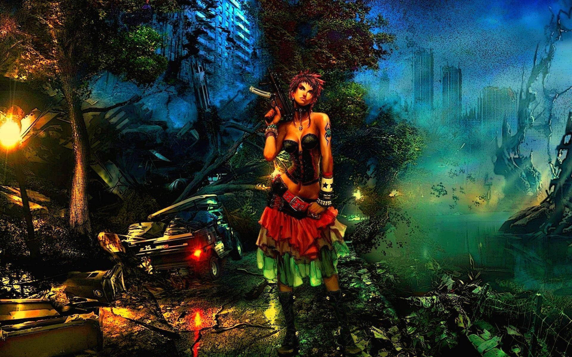 PC 遊戲 桌布 壁紙 — 一位身穿紅綠鎧甲的兇猛女戰士，站在一個充滿發光燈光和破損汽車的廢墟未來森林中。
