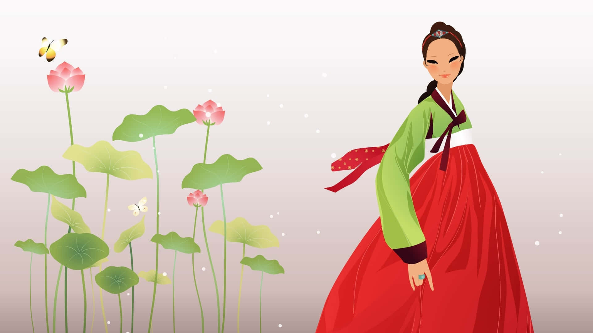 korean 桌布 壁紙 — 一位身穿紅綠韓服的女士站在粉紅色蓮花旁邊，蝴蝶在附近飛舞。