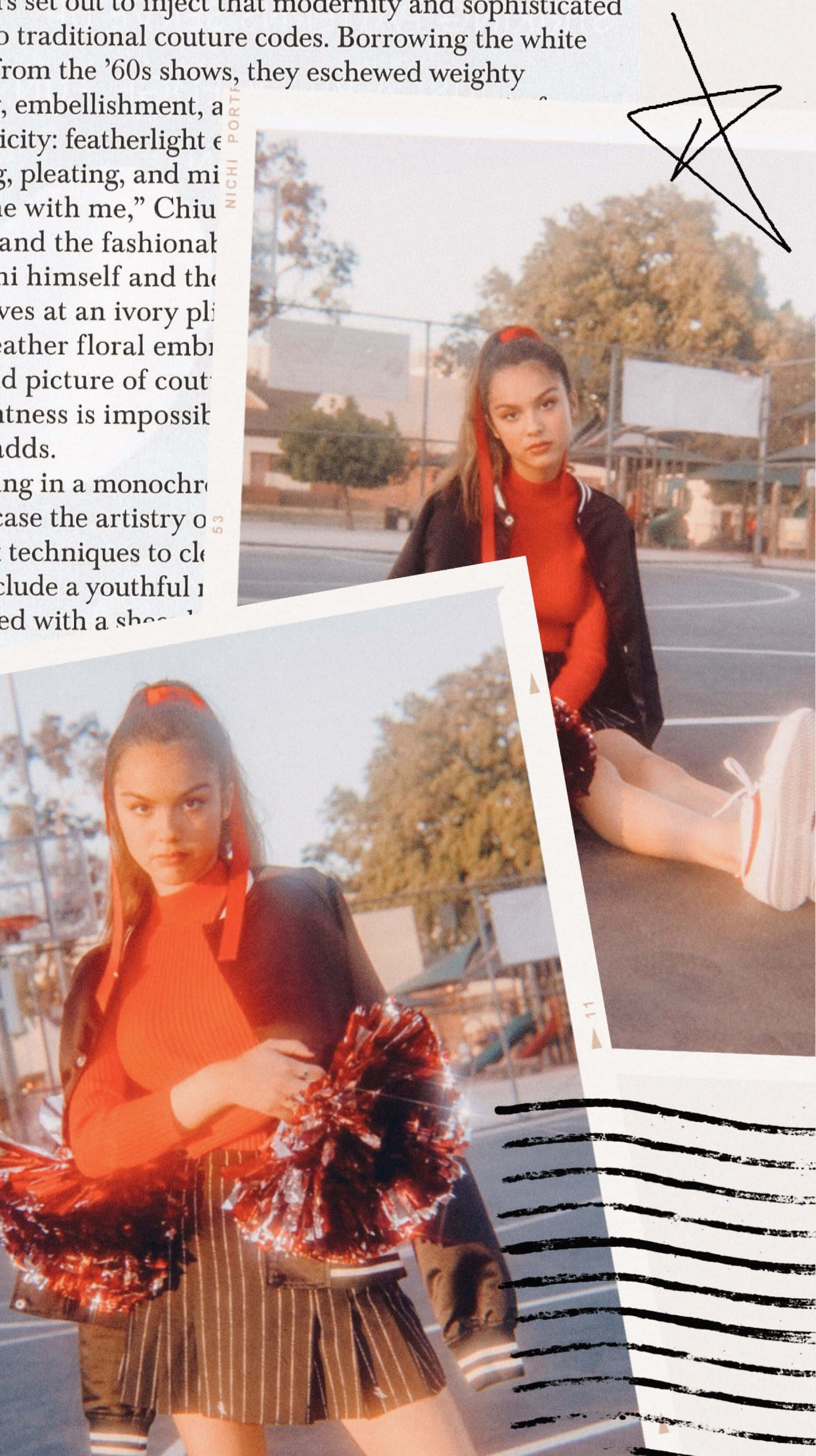Olivia Rodrigo Aesthetic 桌布 壁紙 — 一位身穿紅色上衣和黑色外套的年輕女性坐在鋪砌的表面上，手持閃亮的絨球，並帶有風格化的星星和筆觸疊加效果。