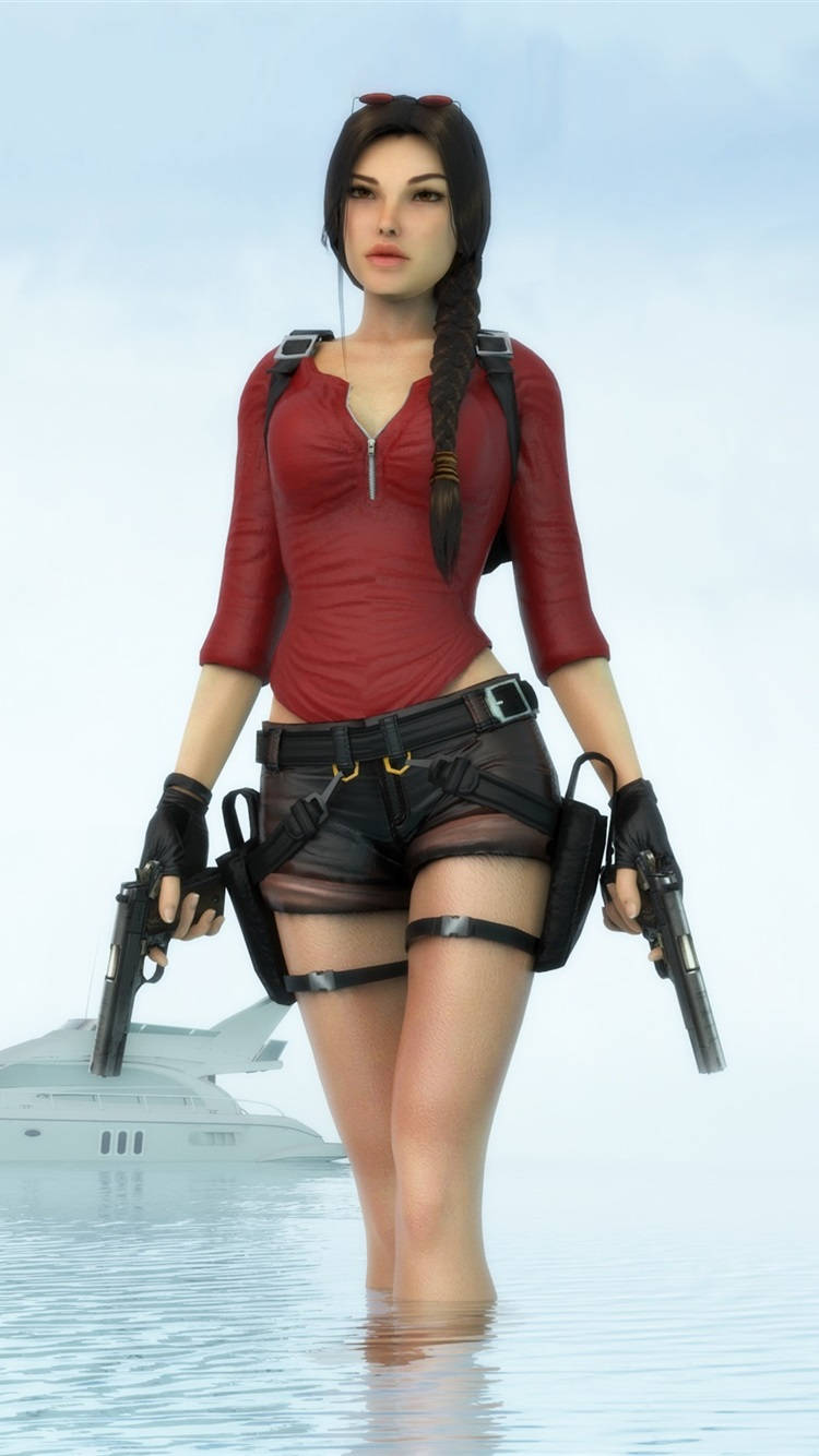 tomb raider iPhone 桌布 壁紙 — 一位身穿紅色上衣和黑色短褲的女性冒險家在淺水中涉水，手持兩把手槍，身後可見一艘遊艇。