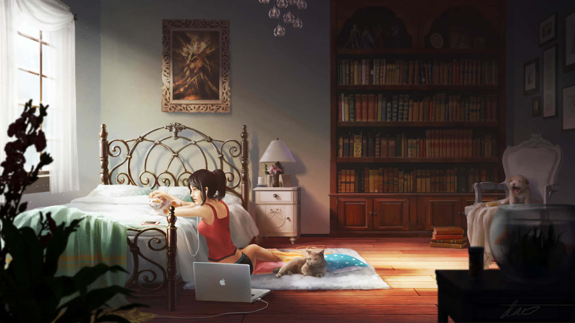 Cute Anime Bedroom 桌布 壁紙 — 一位身穿紅色上衣的年輕女性坐在陽光充足的臥室木地板上，在筆記型電腦旁邊撫摸貓咪，背景有書架和華麗的床。