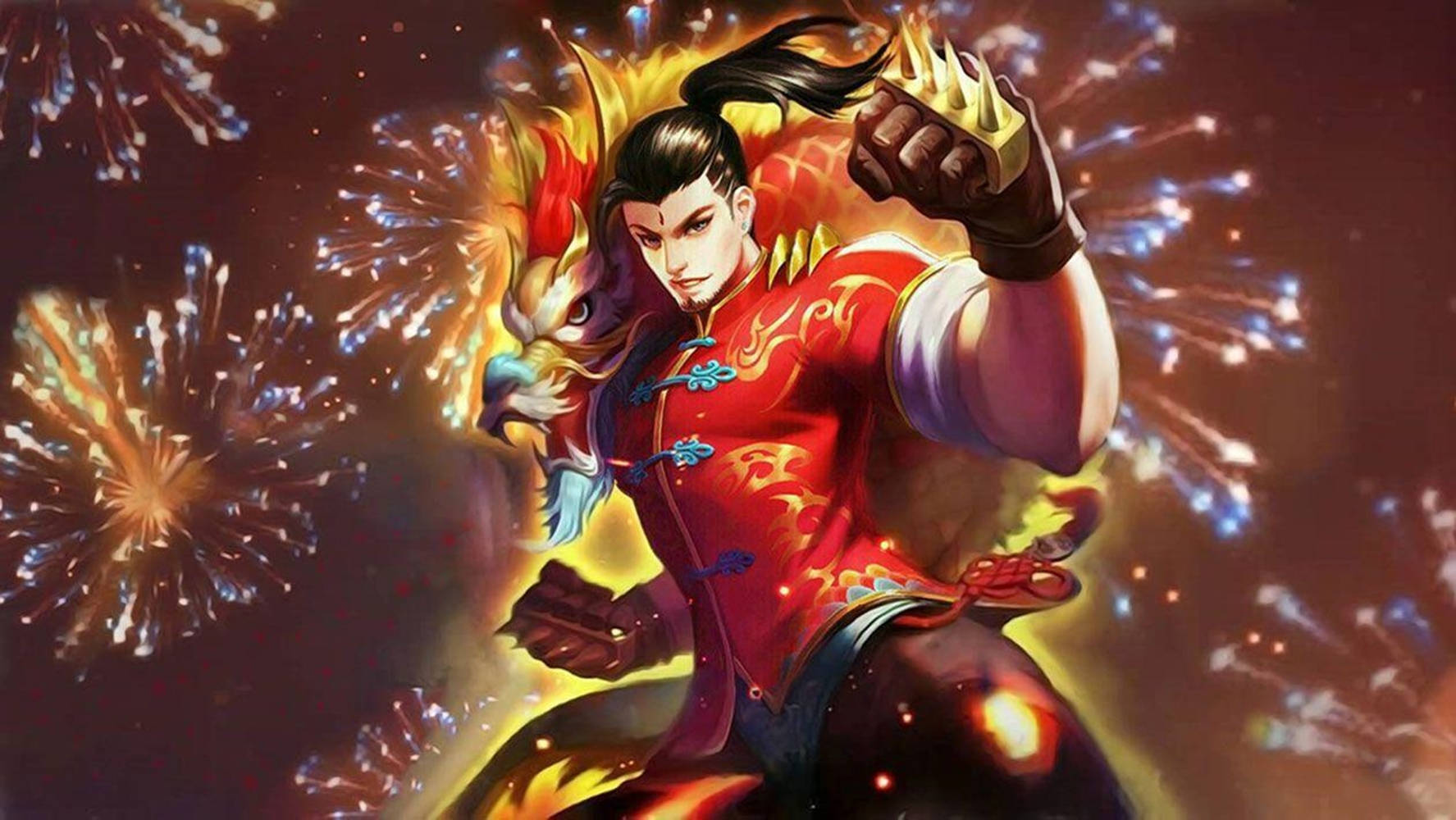 Mobile Legends 動態圖 桌布 壁紙 — 一位身穿紅色傳統服飾的兇猛戰士，伴隨著神話鳥類，站在爆炸的煙火之中。