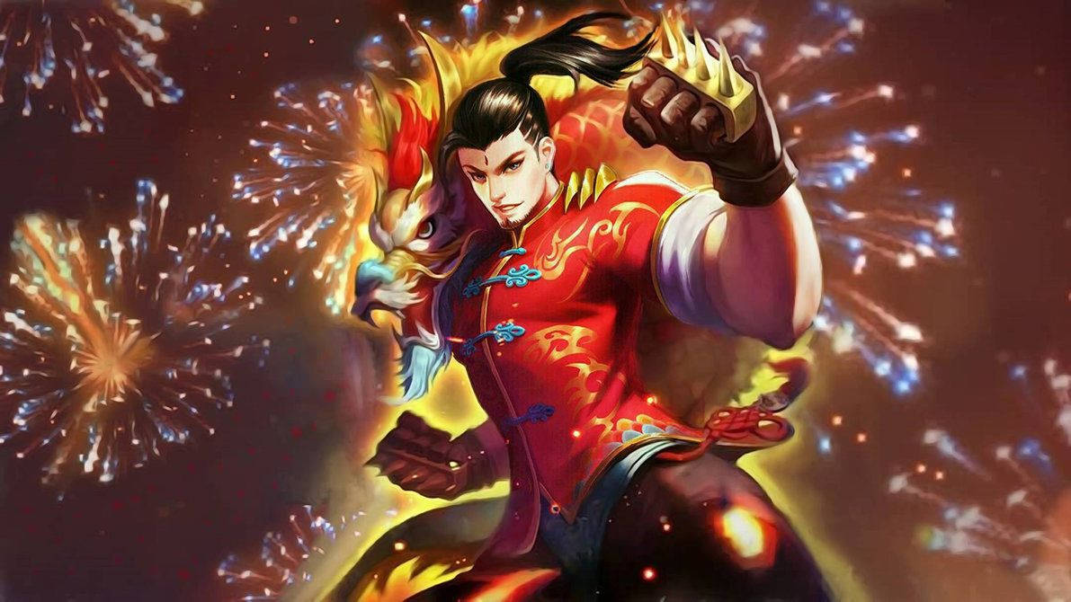 身穿紅色傳統服飾的動漫戰士，被煙火和一隻神話鳥類包圍。