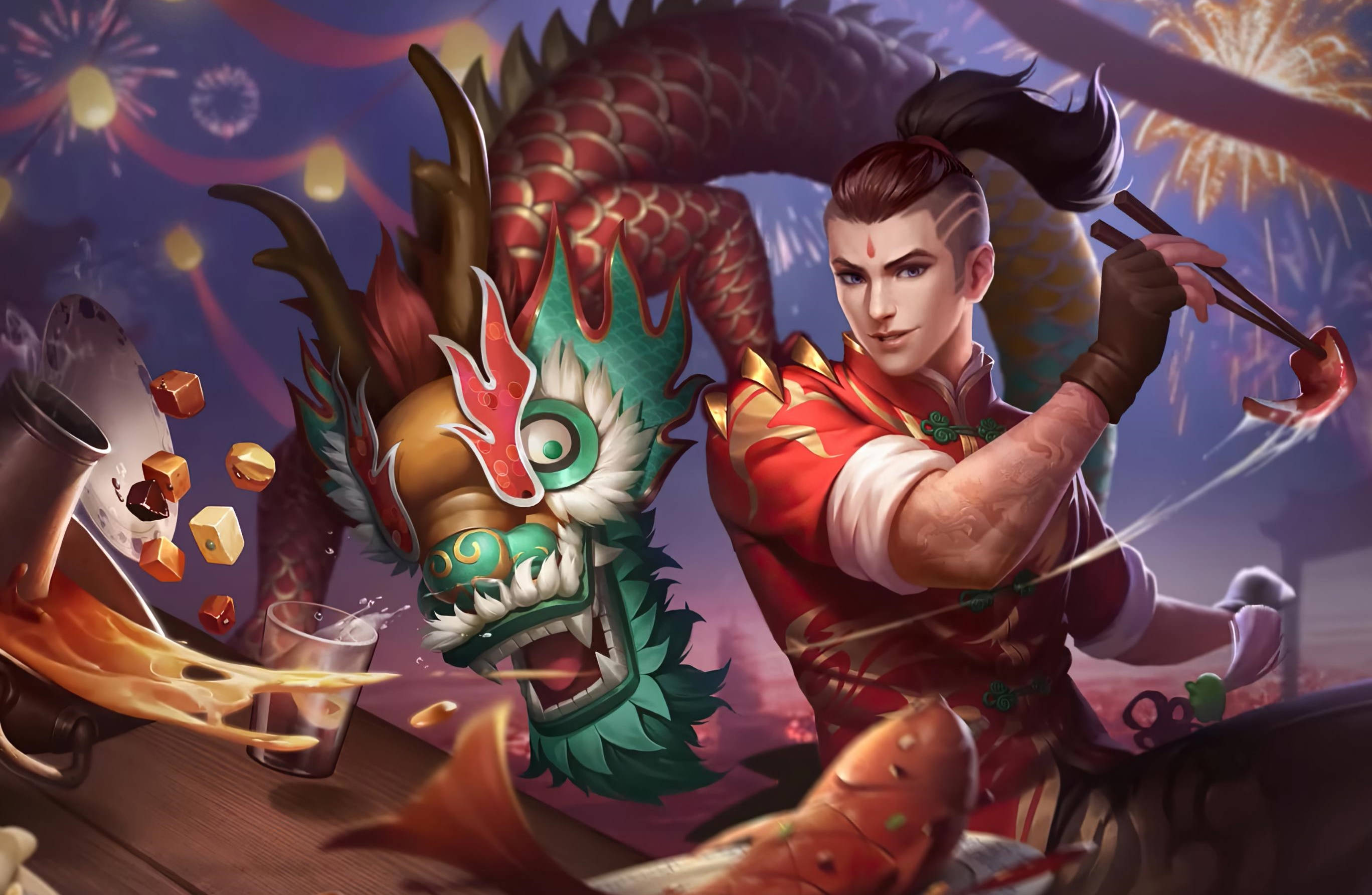 Mobile Legends 動態圖 桌布 壁紙 — 一位身穿紅色傳統服飾的戰士熟練地用筷子在滋滋作響的炒鍋上翻動食物，而一條栩栩如生的龍頭在他旁邊的煙火下咆哮。