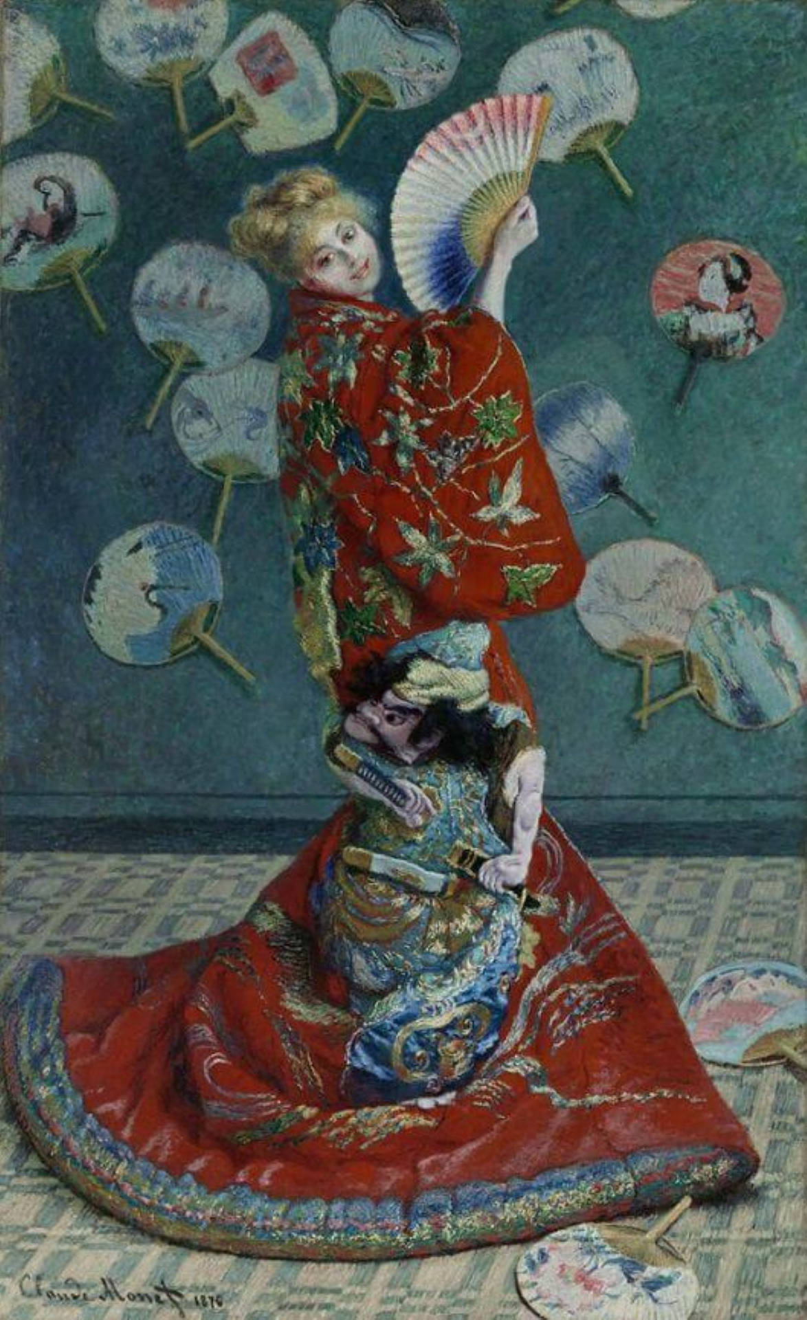 Monet 桌布 壁紙 — 一位身穿紅色刺繡和服的女士手持扇子，一個身穿武士鎧甲的小人物坐在她腳邊，周圍環繞著漂浮的裝飾扇子。