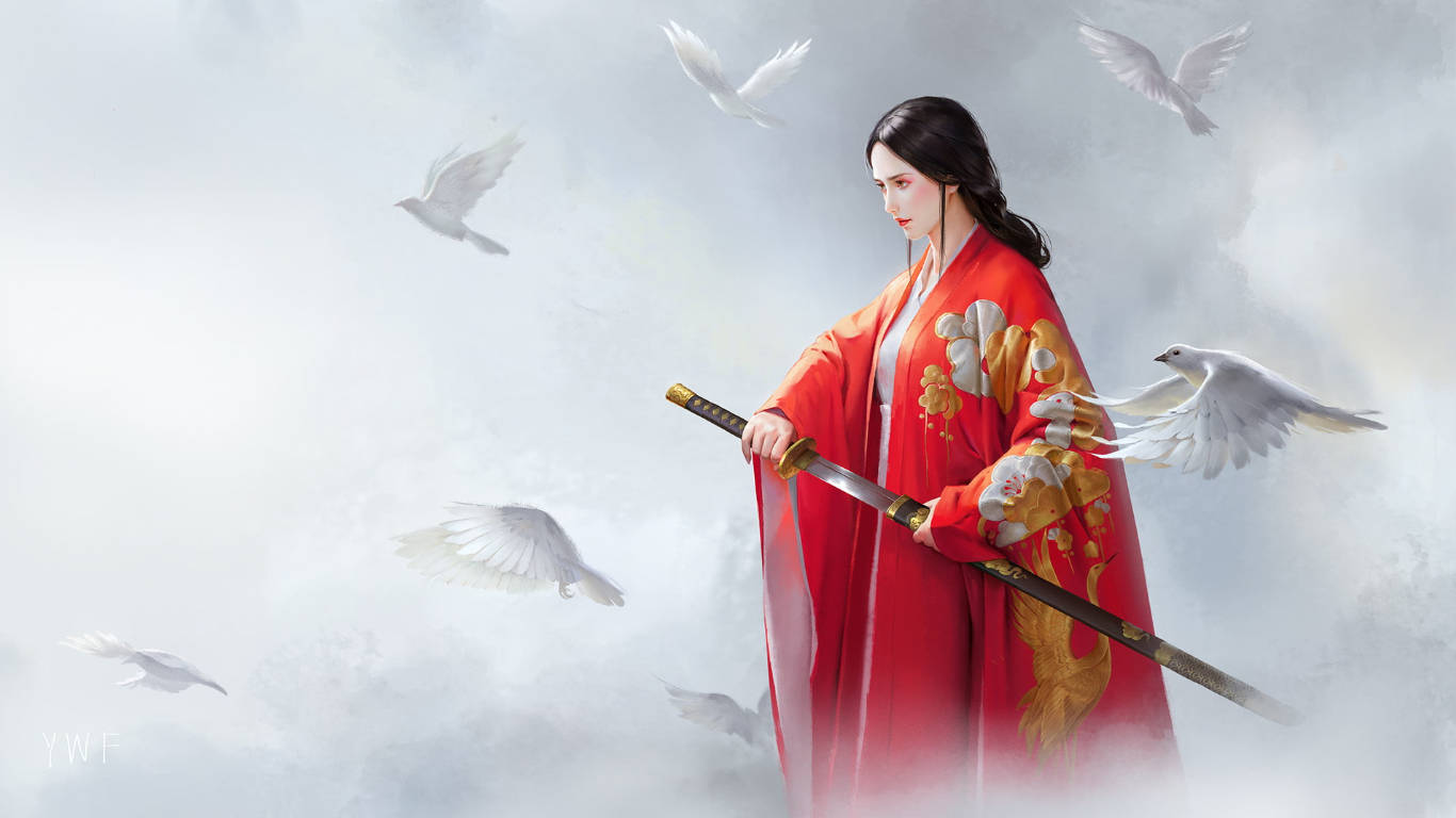 白鴿 桌布 壁紙 — 一位身穿紅色和服、帶有金色花卉圖案的寧靜女子手持武士刀，白鴿在霧氣繚繞的天空中圍繞她飛翔。