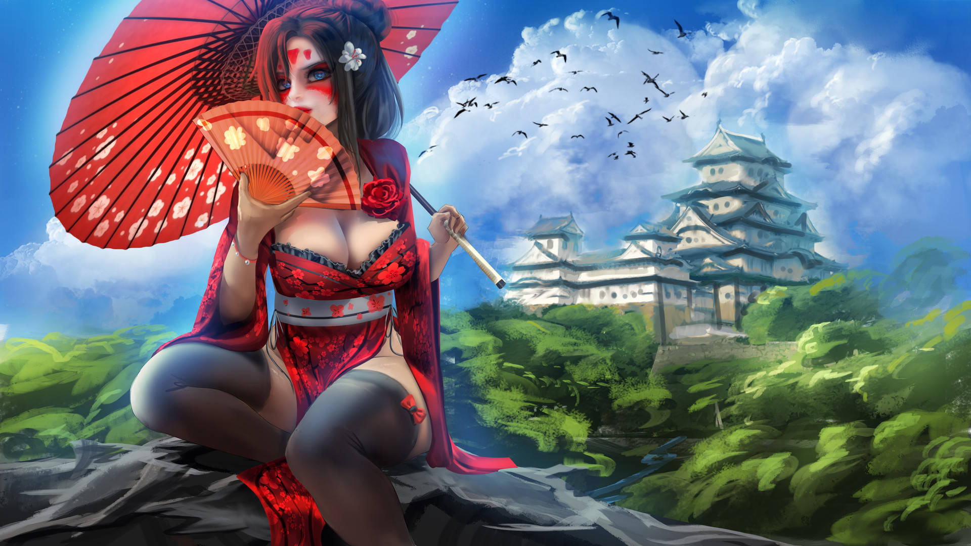 Geisha 桌布 壁紙 — 一位身穿紅色和服、手持雨傘的藝妓坐在岩石上，面前是日本城堡，鳥兒在頭頂飛翔。
