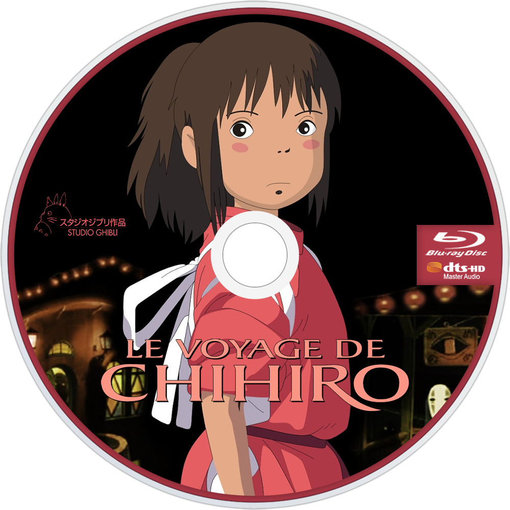 神隱少女 桌布 壁紙 — 一位身穿紅色和服的年輕女孩站在 Blu-ray 光碟封面的中央，背景有 Studio Ghibli 品牌標誌和發光的燈籠。