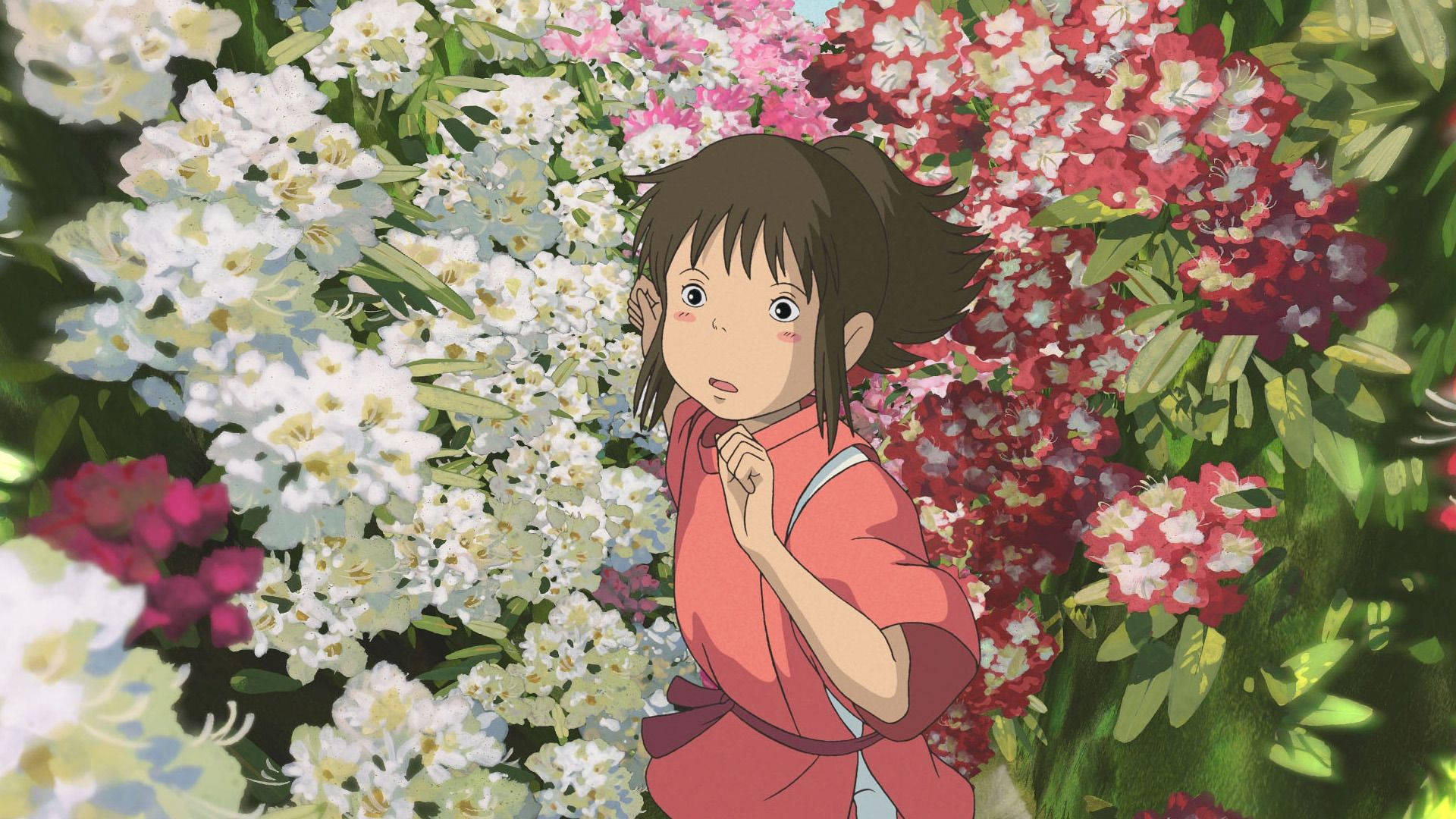 神隱少女 桌布 壁紙 — 一位身穿紅色和服的年輕女孩站在鮮豔的白色和粉紅色花叢中，沐浴在明亮的日光下。