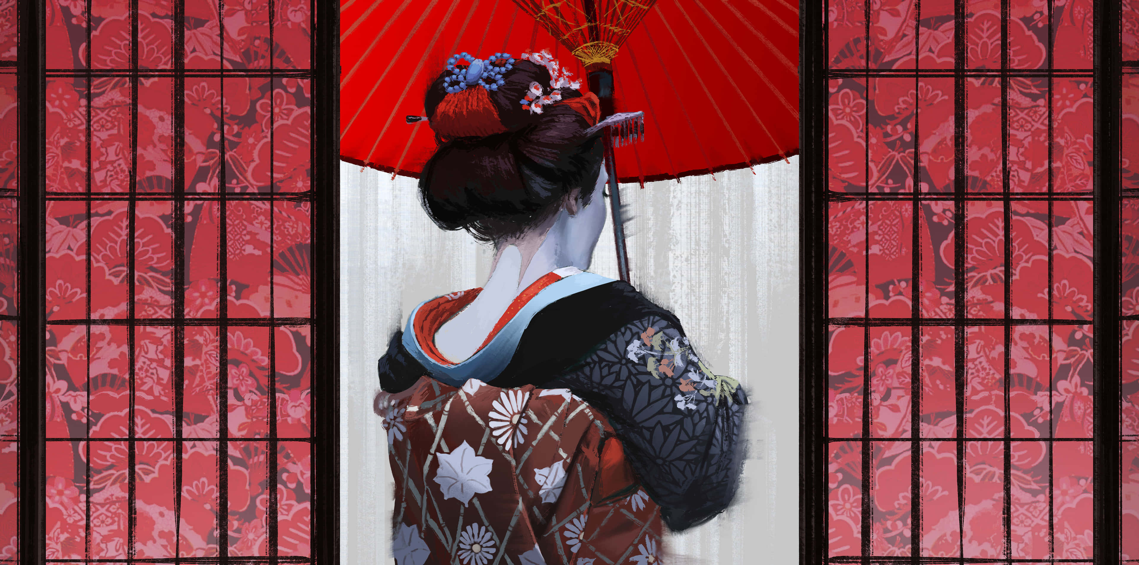 桌布 壁紙 — 一位身穿紅色和服的藝妓，站在傳統日本障子屏風前，手持紅色陽傘。
