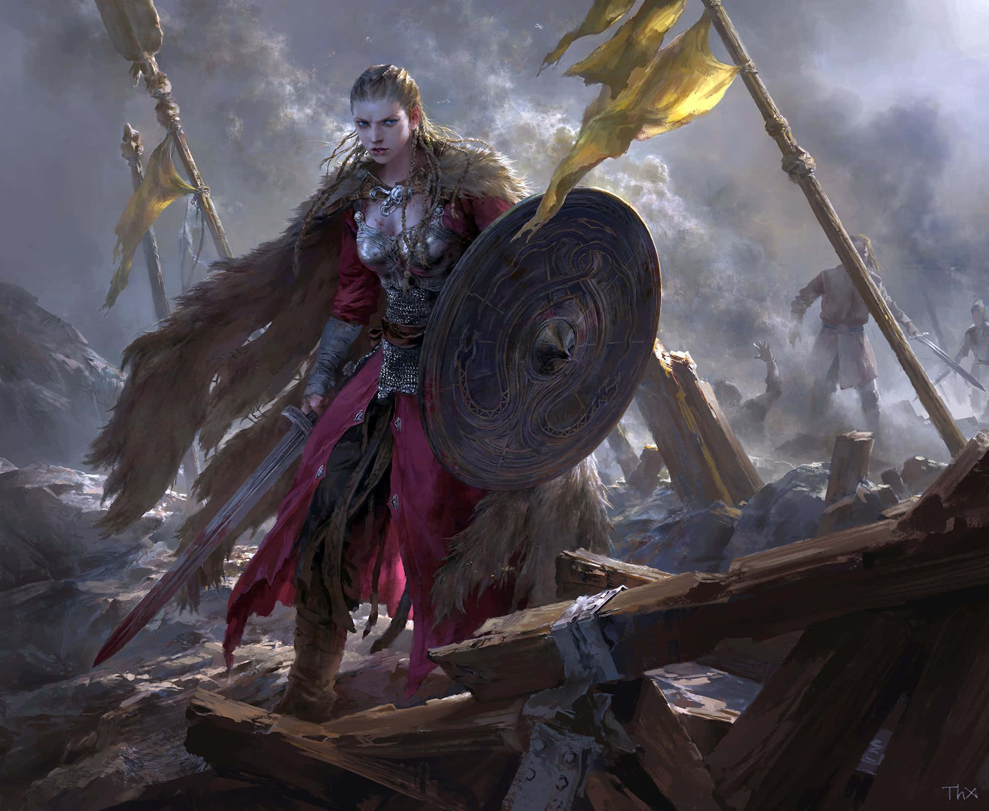 Female Viking Warriors 桌布 壁紙 — 一位身穿紅色和毛皮盔甲的兇猛女戰士站在戰場廢墟上，在暴風雨的天空下舉著盾牌和劍。