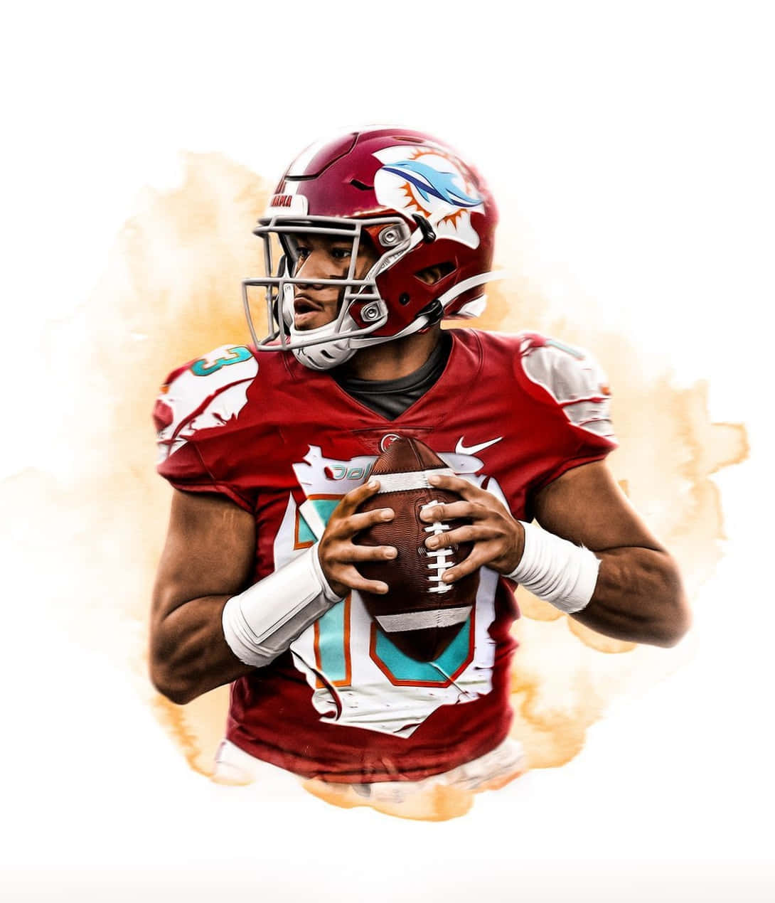 Tua Tagovailoa 桌布 壁紙 — 一位身穿紅色和藍綠色制服的四分衛，在柔和的橙色水彩潑濺背景下，專注地拿著球。