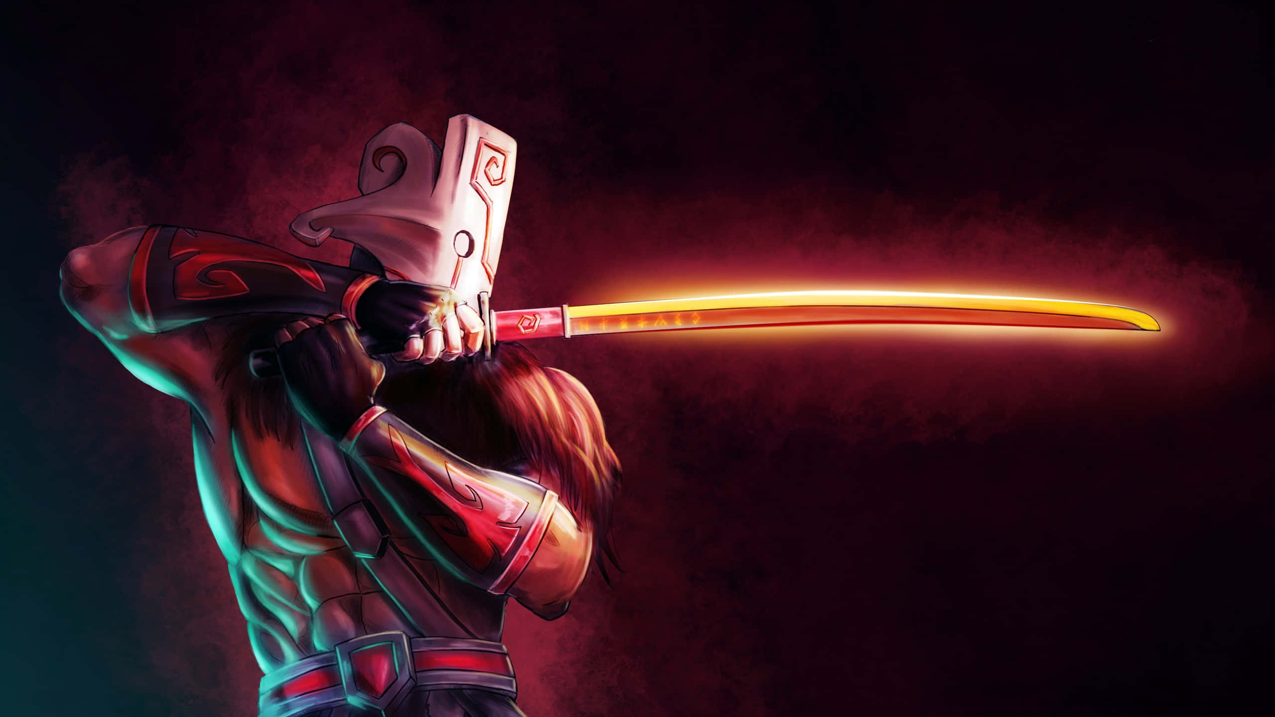 Dota 2 Juggernaut 桌布 壁紙 — 一位身穿紅色和藍綠色盔甲的蒙面戰士，在黑暗煙霧背景中揮舞著發光的橙色劍。