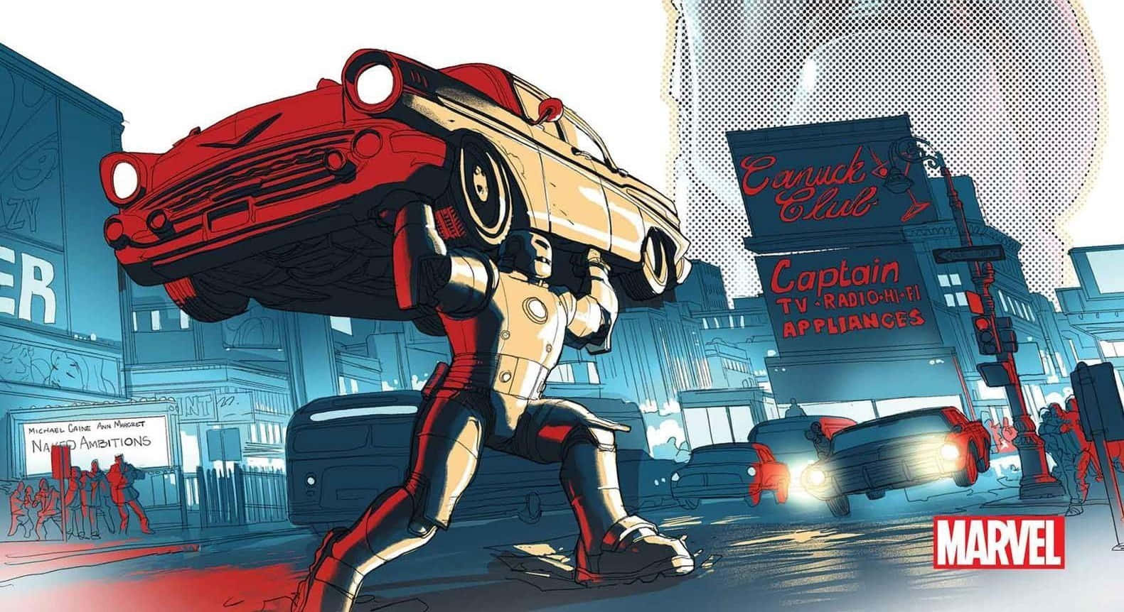 Iron Man Comics 桌布 壁紙 — 一位身穿紅色和金色盔甲的超級英雄在繁華的復古未來主義城市街道上將一輛老爺車舉過頭頂。