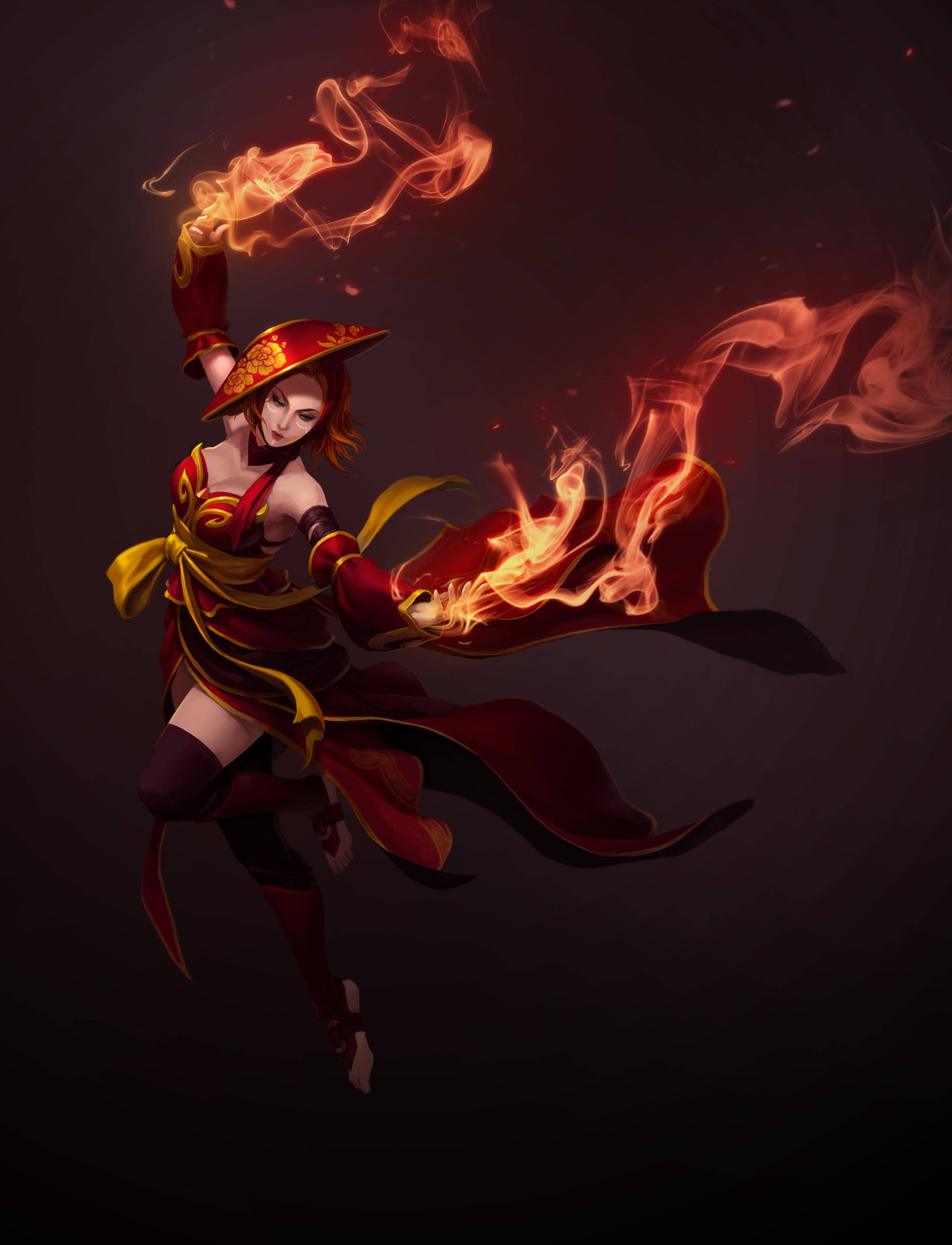 電玩遊戲 桌布 壁紙 — 一位身穿紅色和金色長袍的熾熱動漫戰士，在黑暗背景下以動態動作引導熾熱能量。