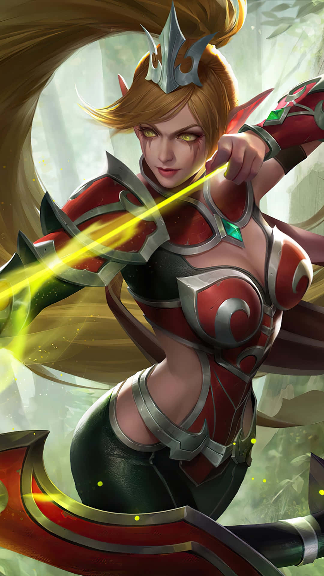 身穿紅色盔甲的奇幻女戰士射出發光的能量箭 — Mobile Legends 動態圖 壁紙