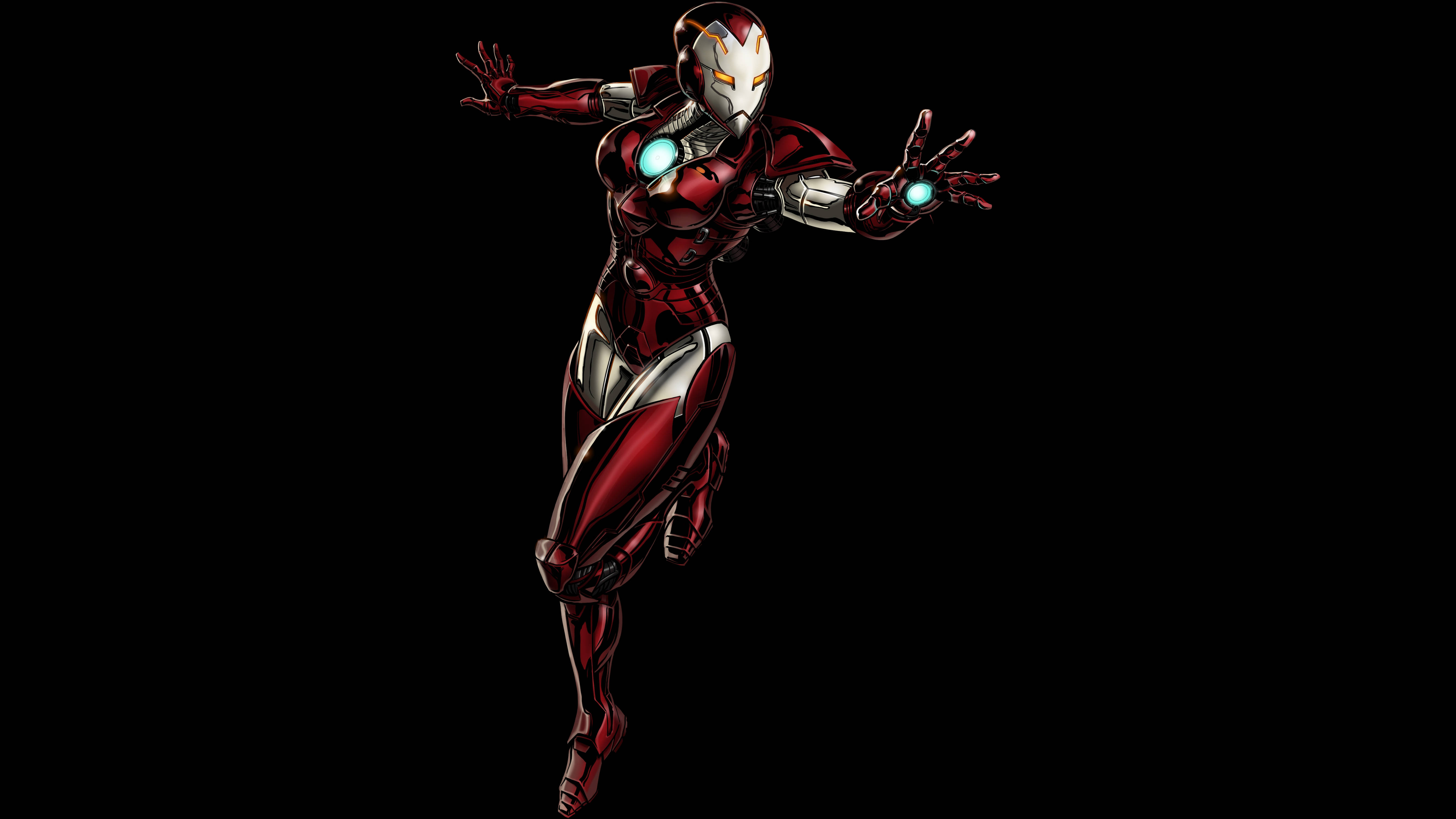 4K marvel iPhone 桌布 壁紙 — 一位身穿紅色和銀色盔甲的女性鋼鐵人在黑色背景上動態飛行，帶有發光的藍色斥力光束。