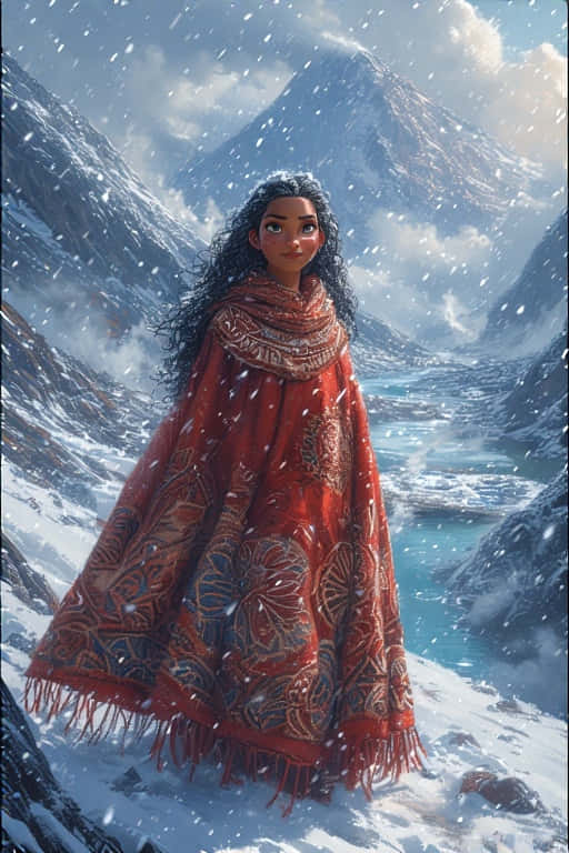 Realistic Warrior Moana in Battle Stance 壁紙 — 一位身穿紅色圖案斗篷的女子站在白雪皚皚的山谷中，有藍綠色的河流和積雪覆蓋的山峰，天空多雲。
