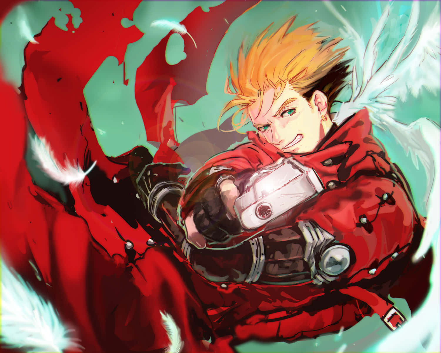 Vash The Stampede 桌布 壁紙 — 一位身穿紅色外套、頭髮尖刺的動漫戰士，在旋轉的紅色和藍綠色能量中揮舞著發光的武器。