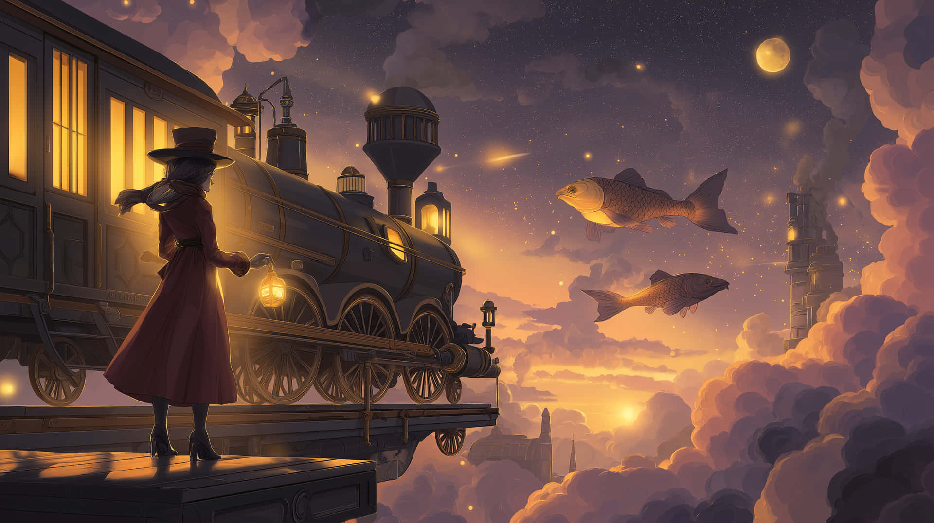Figure Aboard Sky Train Amidst Floating Fish and Stellar Night 壁紙 — 一位身穿紅色外套和帽子的女性，在漂浮於雲層上的蒸汽火車旁提著燈籠，魚兒在星光璀璨的暮色天空中翱翔。