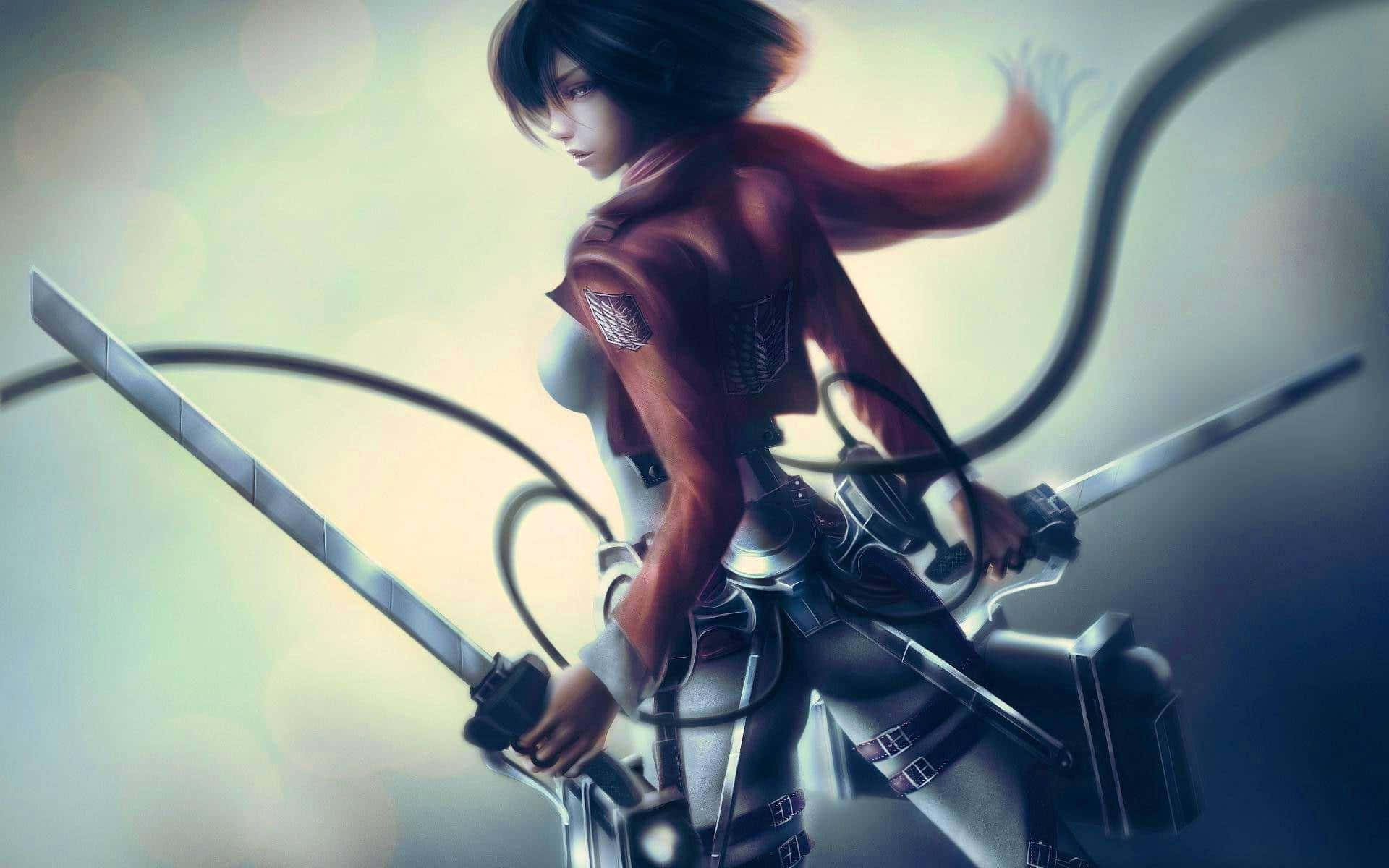 Mikasa 桌布 壁紙 — 一位身穿紅色外套和裝備、意志堅定的動漫戰士，在柔和模糊的背景前以動態動作揮舞著劍。