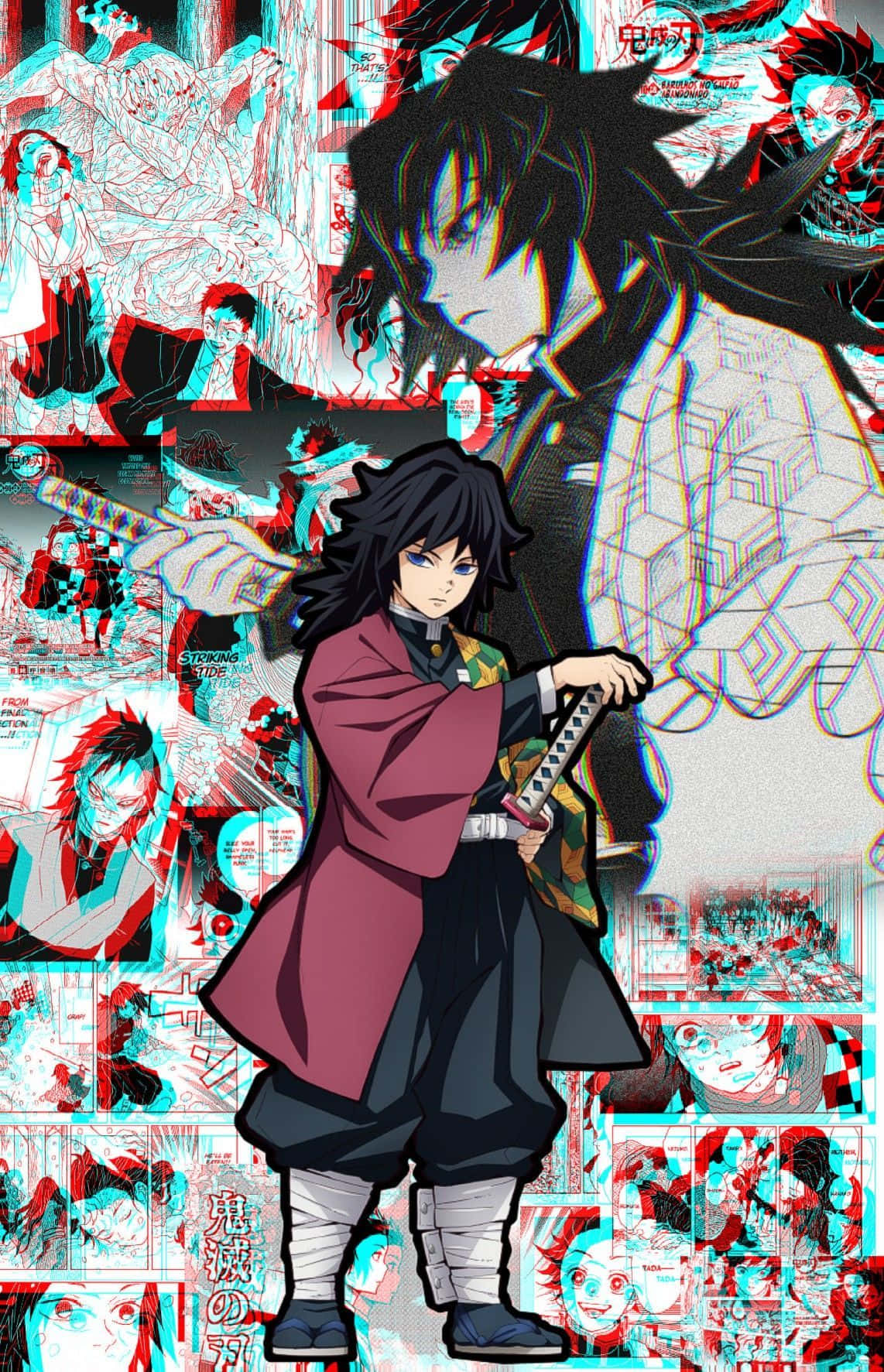 Demon Slayer Manga 桌布 壁紙 — 一位身穿紅色外套的動態動漫戰士揮劍對抗由漫畫面板和角色組成的故障拼貼畫。