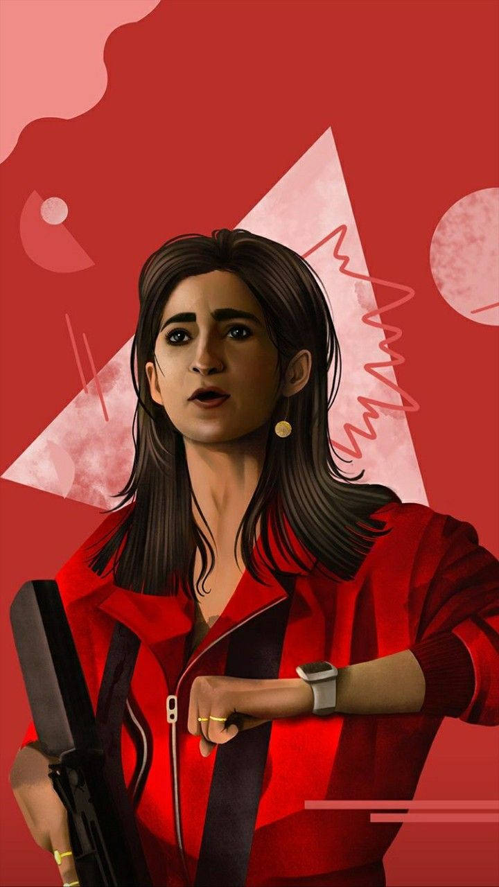 nairobi money heist 桌布 壁紙 — 一位身穿紅色外套的女性手持槍支，同時在鮮豔的紅色抽象背景前查看手錶。