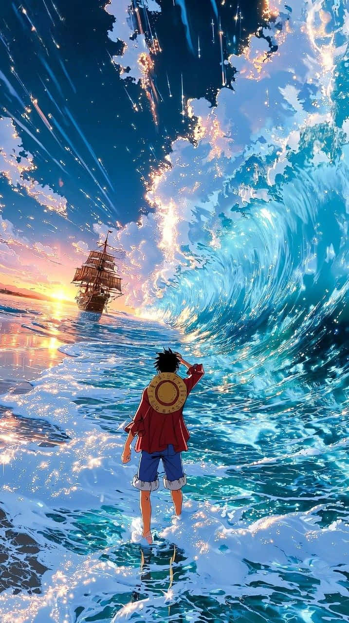 one piece 壁紙 — 一位身穿紅色外套的年輕水手站在閃閃發光的波浪上，凝視著星空日落天空下遠處的船隻。