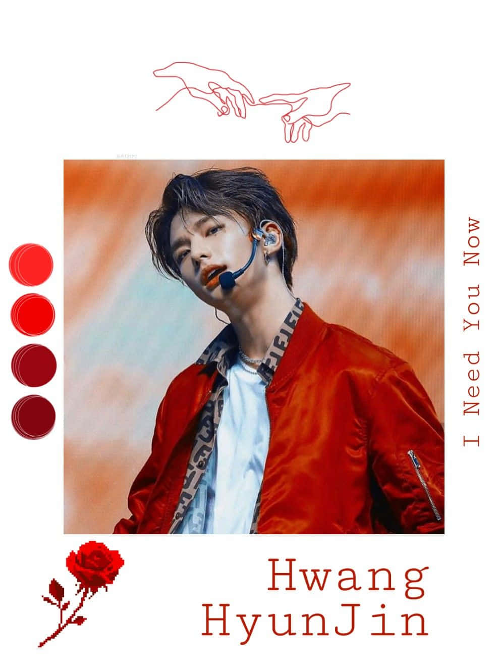 hyunjin 桌布 壁紙 — 一位身穿紅色外套的年輕男子在舞台上使用耳機麥克風表演，背景是溫暖的橙色。