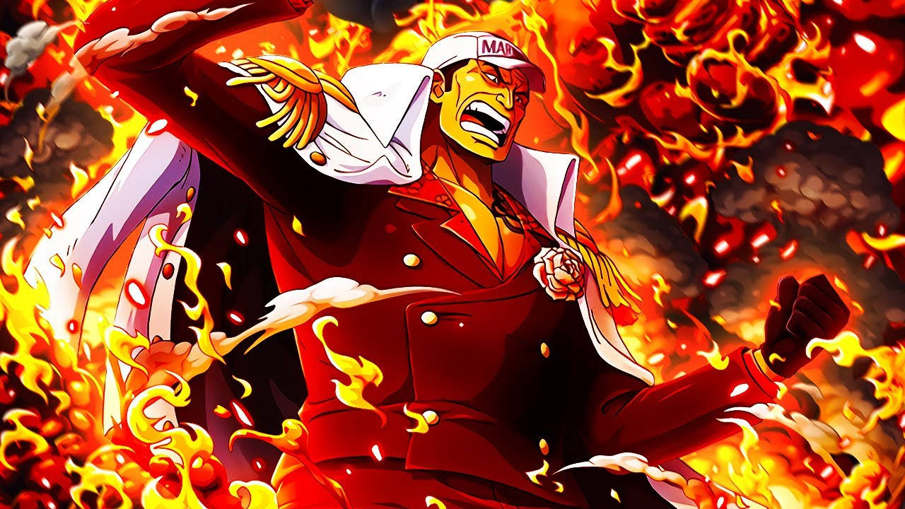 akainu 桌布 壁紙 — 一位身穿紅色外套的熾熱動漫戰士在旋轉的火焰和餘燼中以動態戰鬥姿勢咆哮。