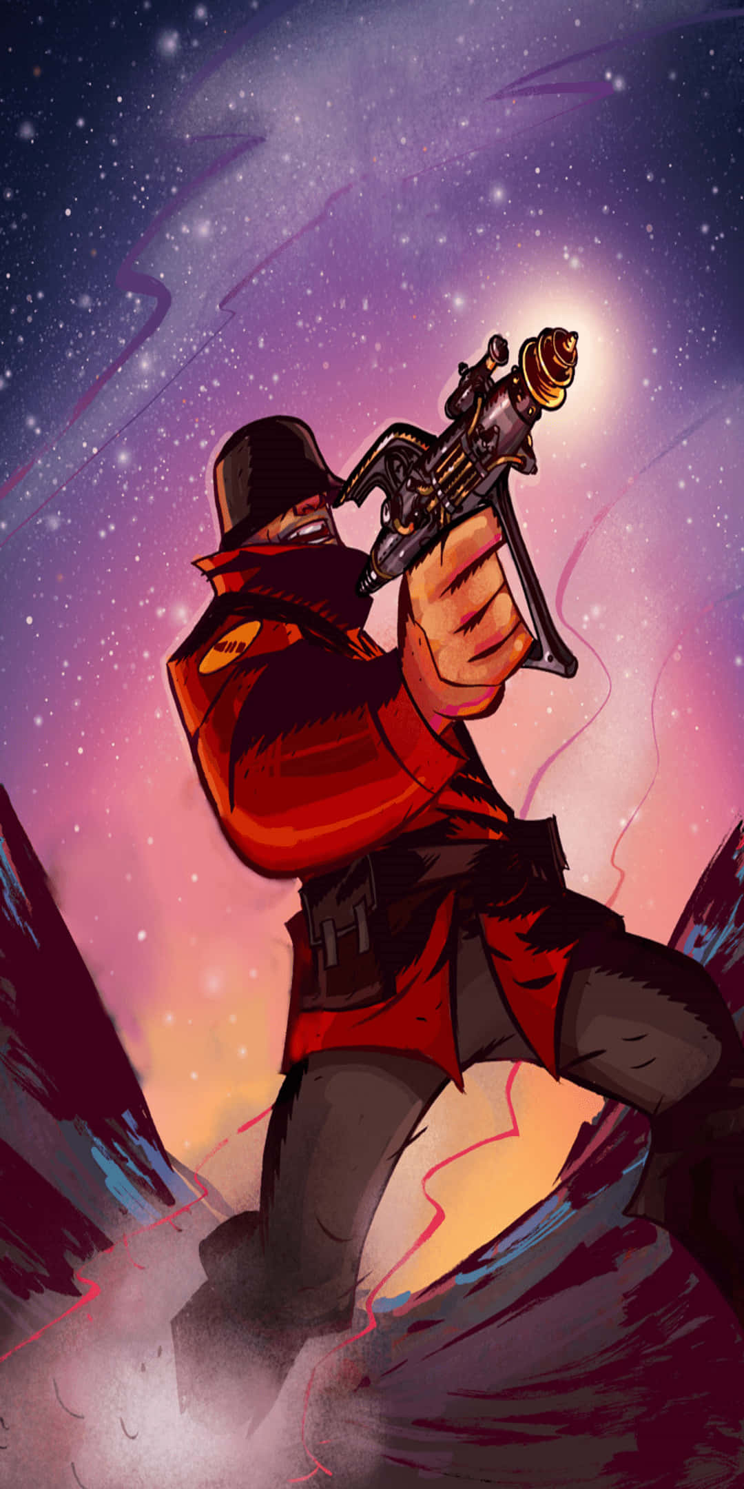 Tf2 桌布 壁紙 — 一位身穿紅色外套的蒙面戰士，正將發光武器瞄準繁星點點的紫色和粉紅色宇宙背景。