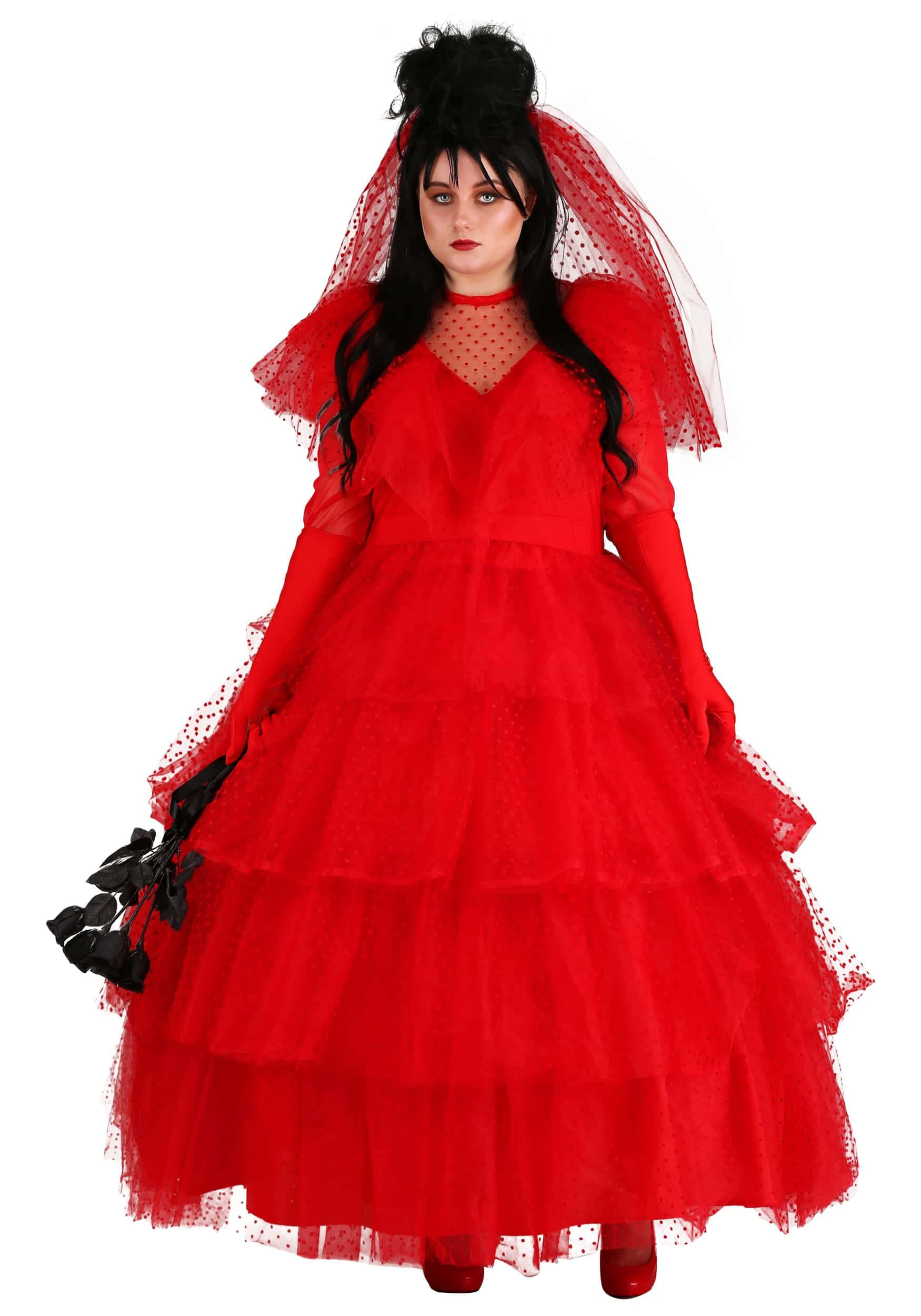 Red Wedding 桌布 壁紙 — 一位身穿紅色寬鬆哥德式婚紗、戴著黑色頭紗、妝容誇張的女性，在白色背景前擺姿勢。