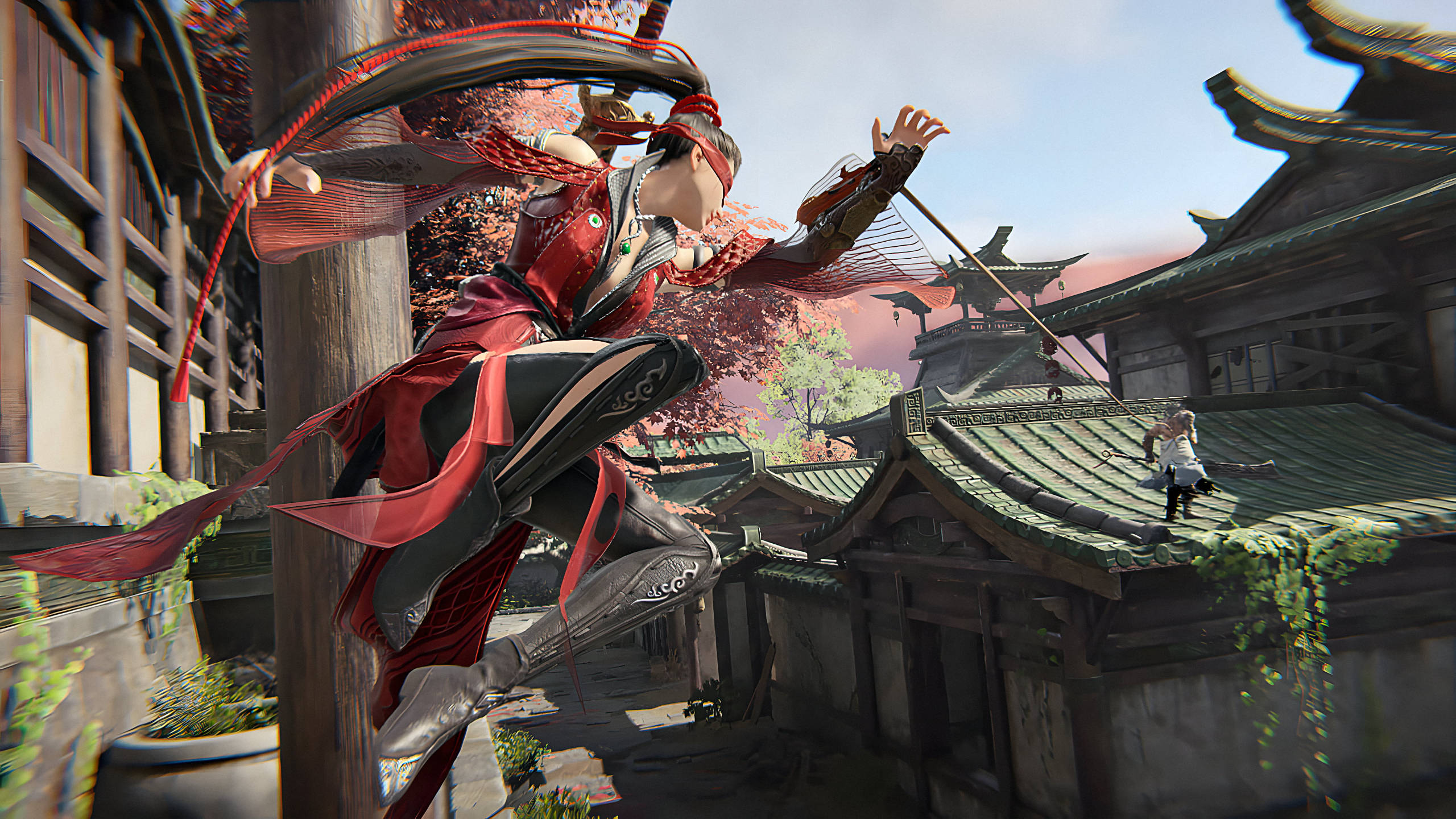 Naraka 桌布 壁紙 — 一位身穿紅色戰衣的武士在傳統日本村莊中動態跳躍，櫻花飄落。