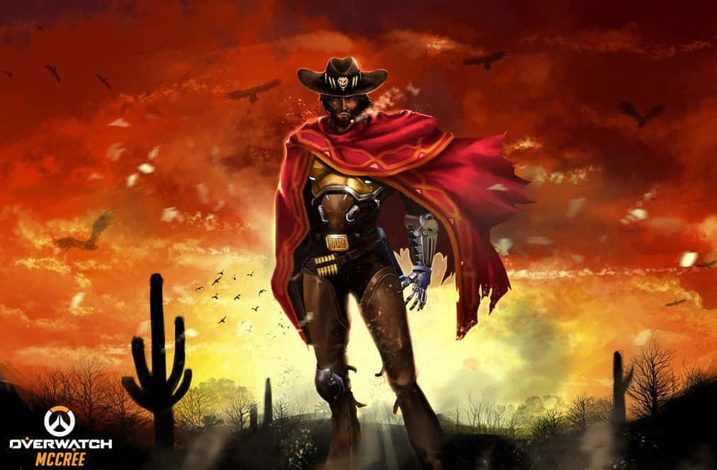 Overwatch Mccree 桌布 壁紙 — 一位身穿紅色披風的牛仔戰士站在夕陽下的沙漠中，仙人掌和飛鳥映襯著火紅的橙色天空。